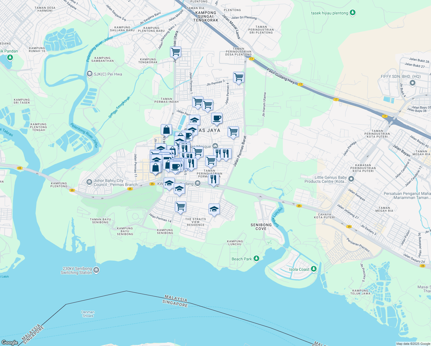 map of restaurants, bars, coffee shops, grocery stores, and more near Jalan Permas 9/13 in Masai