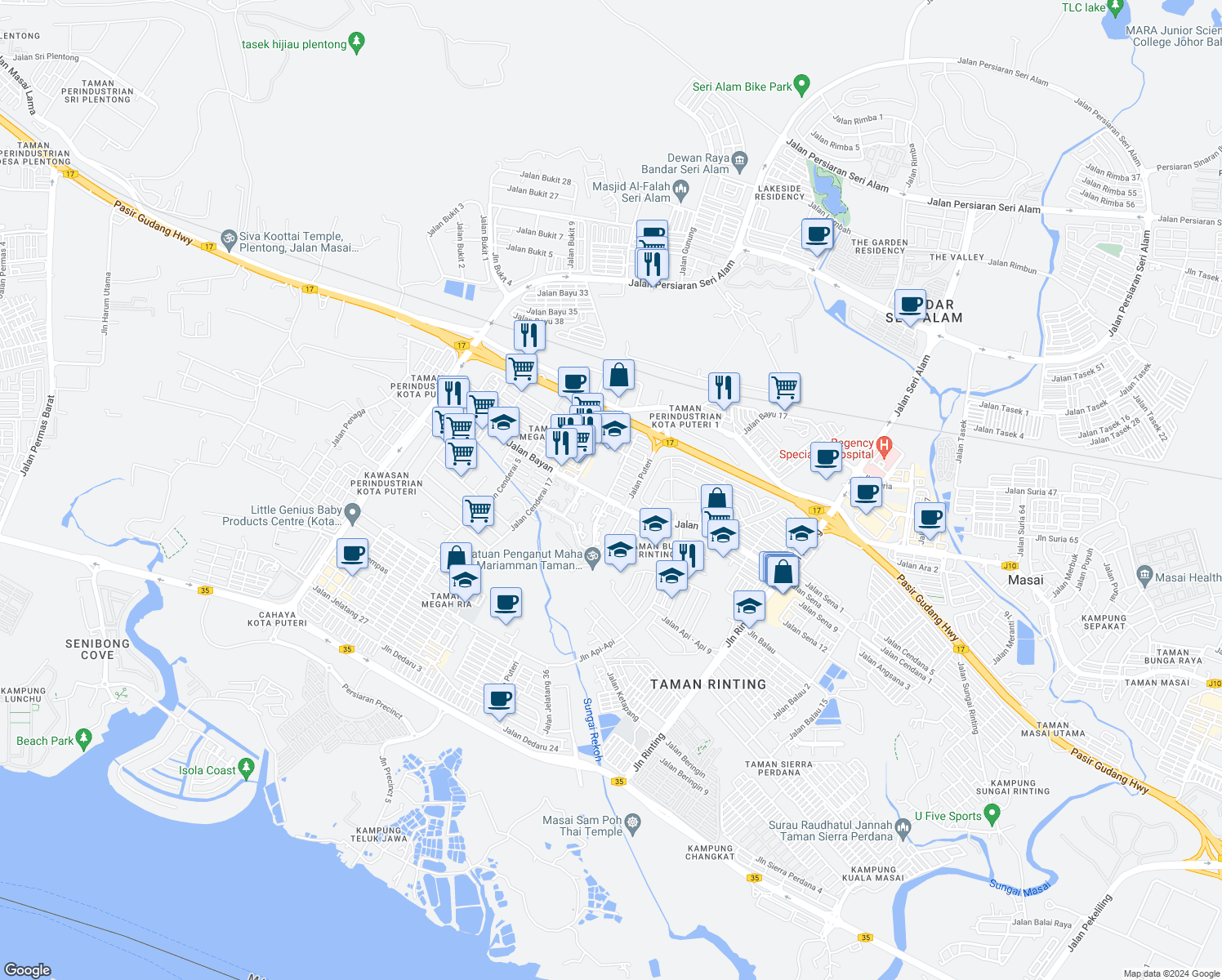 map of restaurants, bars, coffee shops, grocery stores, and more near Jalan Bayan 40 in Masai