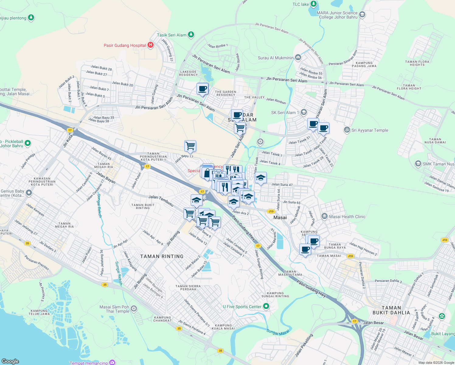 map of restaurants, bars, coffee shops, grocery stores, and more near 39 Jalan Suria 1/1 in Masai