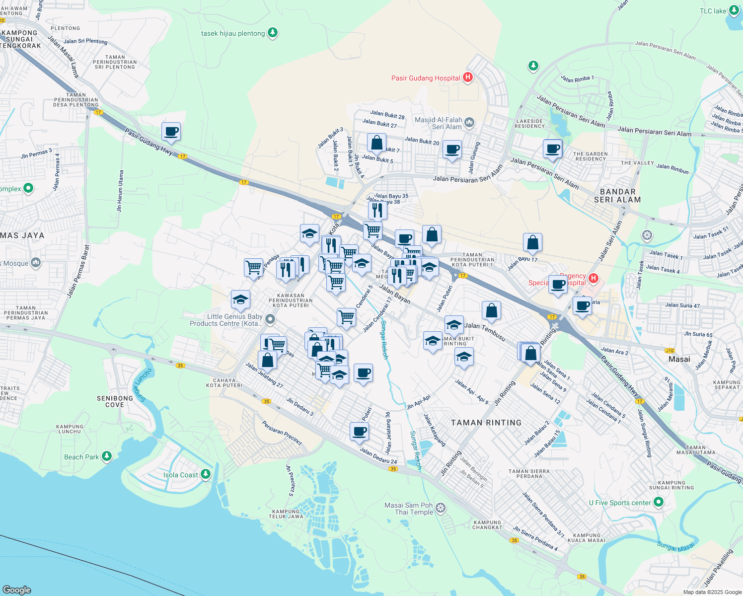 map of restaurants, bars, coffee shops, grocery stores, and more near Jalan Cenderai 11 in Masai