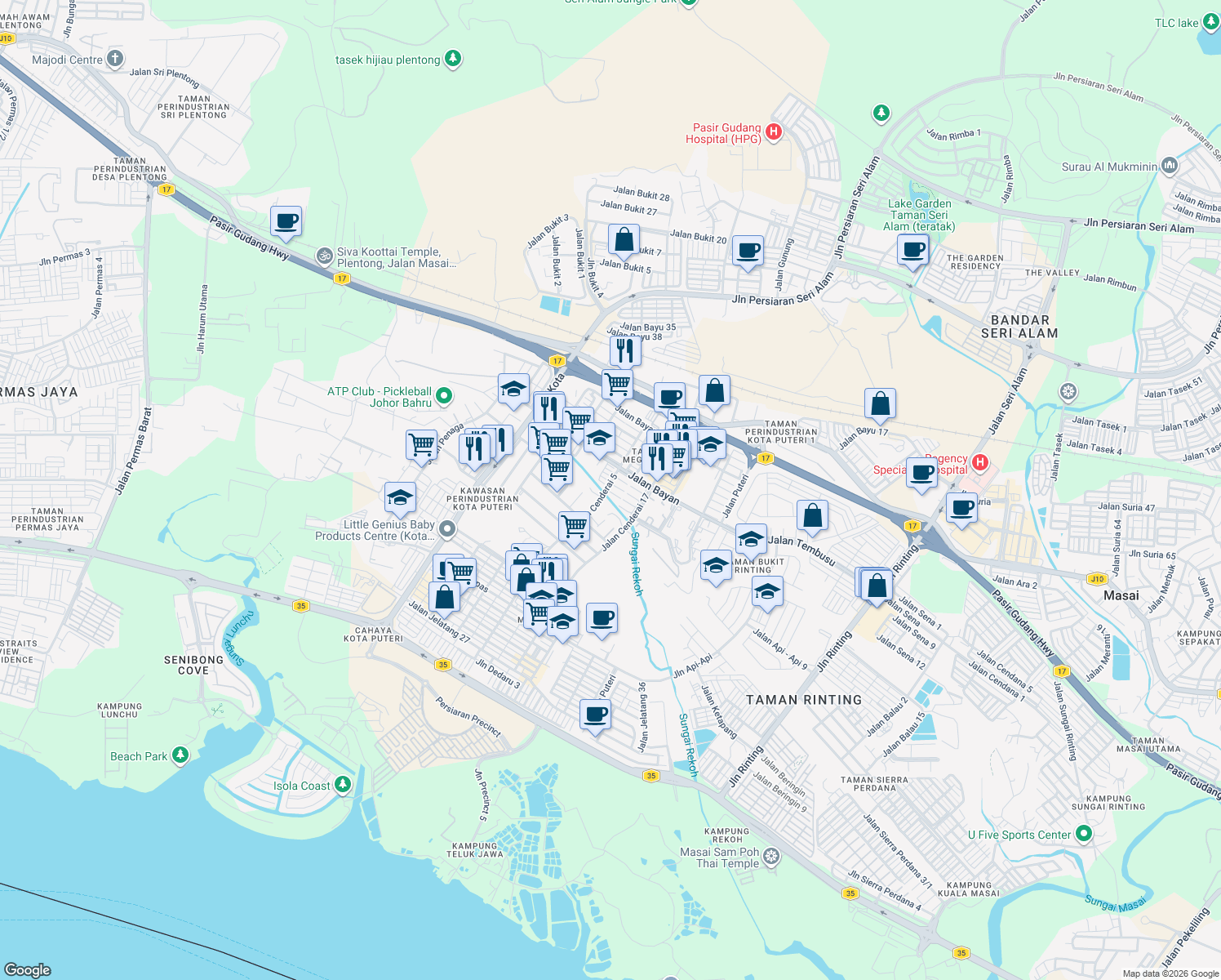 map of restaurants, bars, coffee shops, grocery stores, and more near 5 Jalan Cenderai 11 in Masai