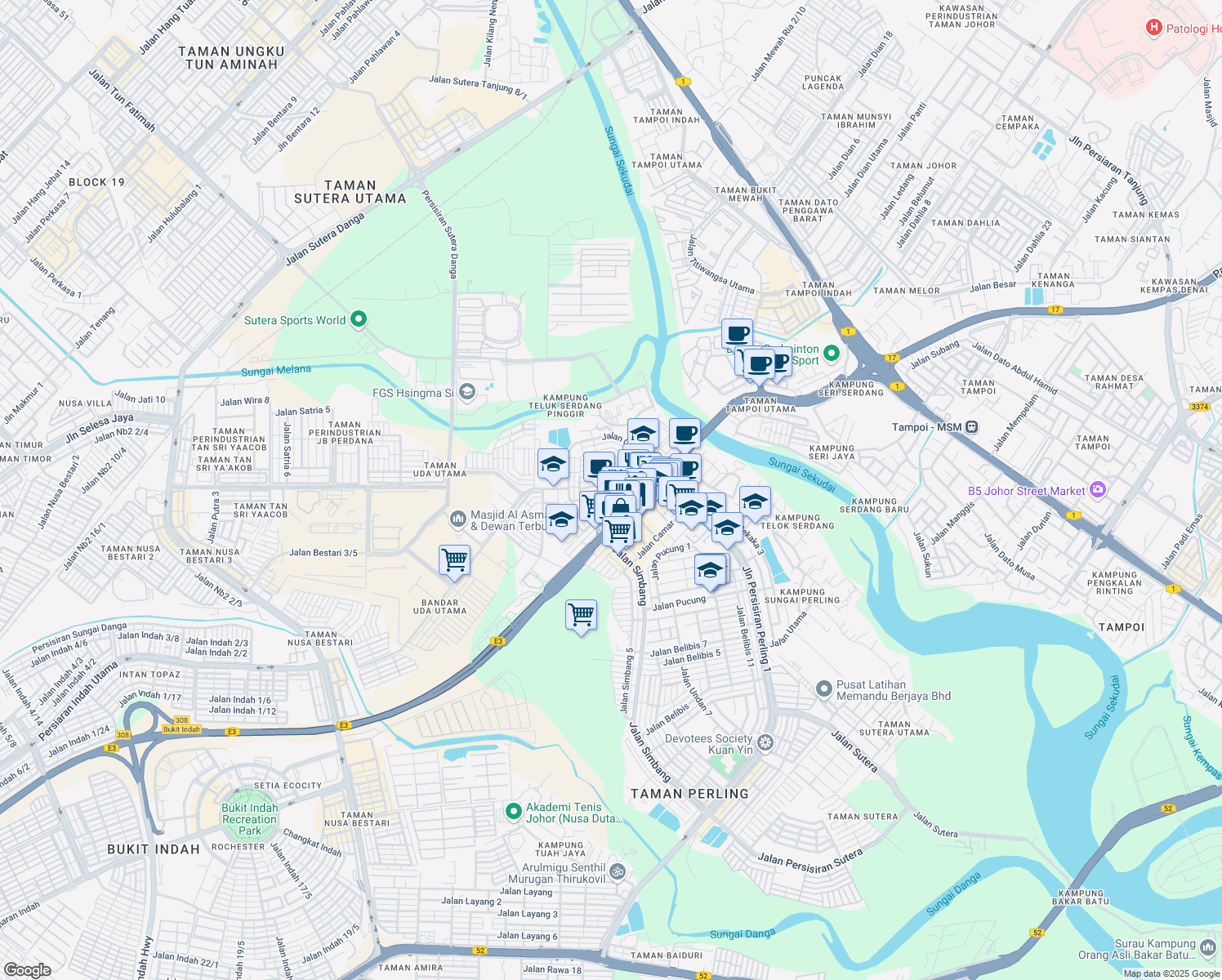 map of restaurants, bars, coffee shops, grocery stores, and more near Jalan Camar 6 in Johor Bahru