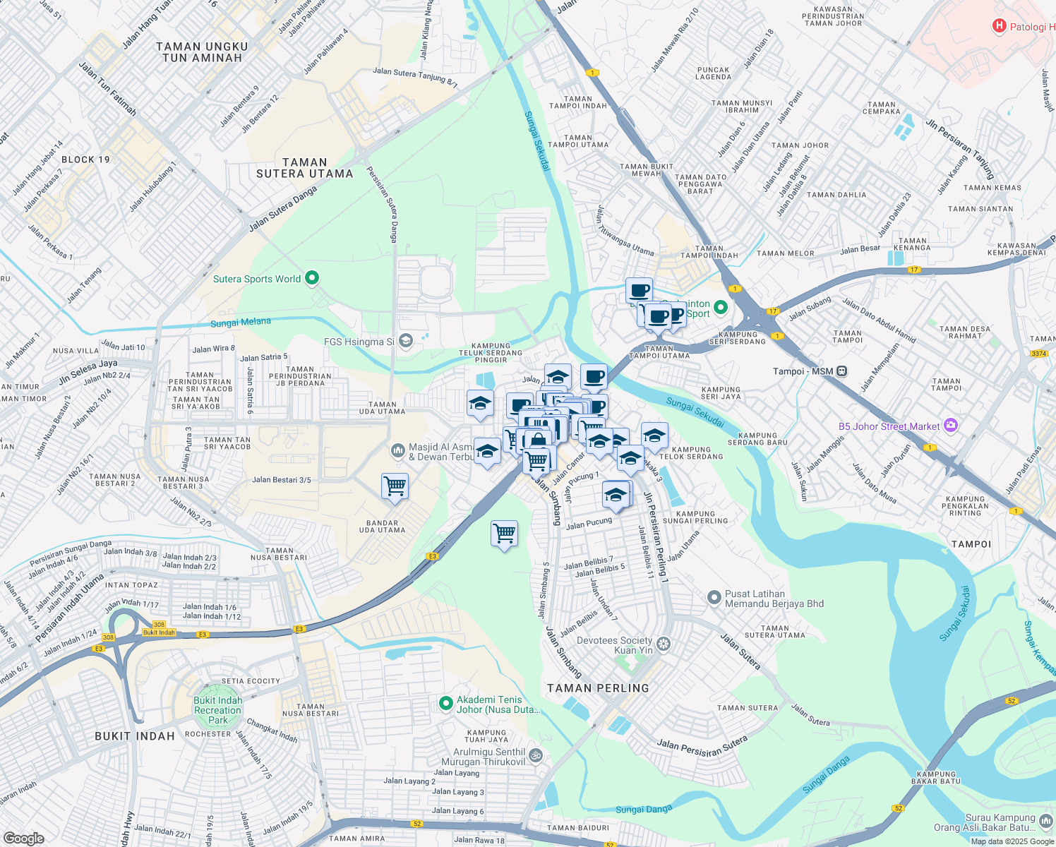 map of restaurants, bars, coffee shops, grocery stores, and more near Jalan Camar 6 in Johor Bahru