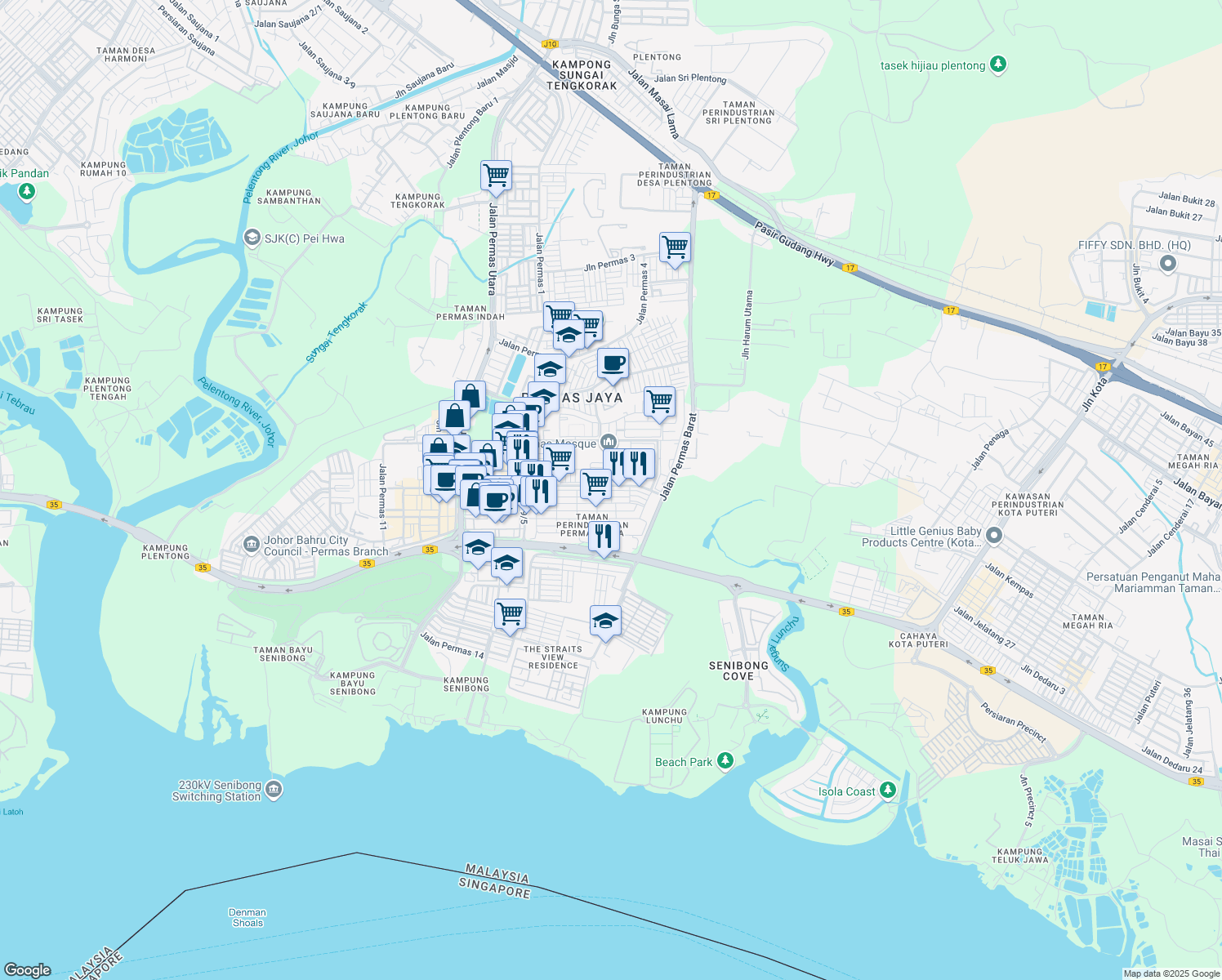 map of restaurants, bars, coffee shops, grocery stores, and more near Jalan Permas 9/7 in Masai