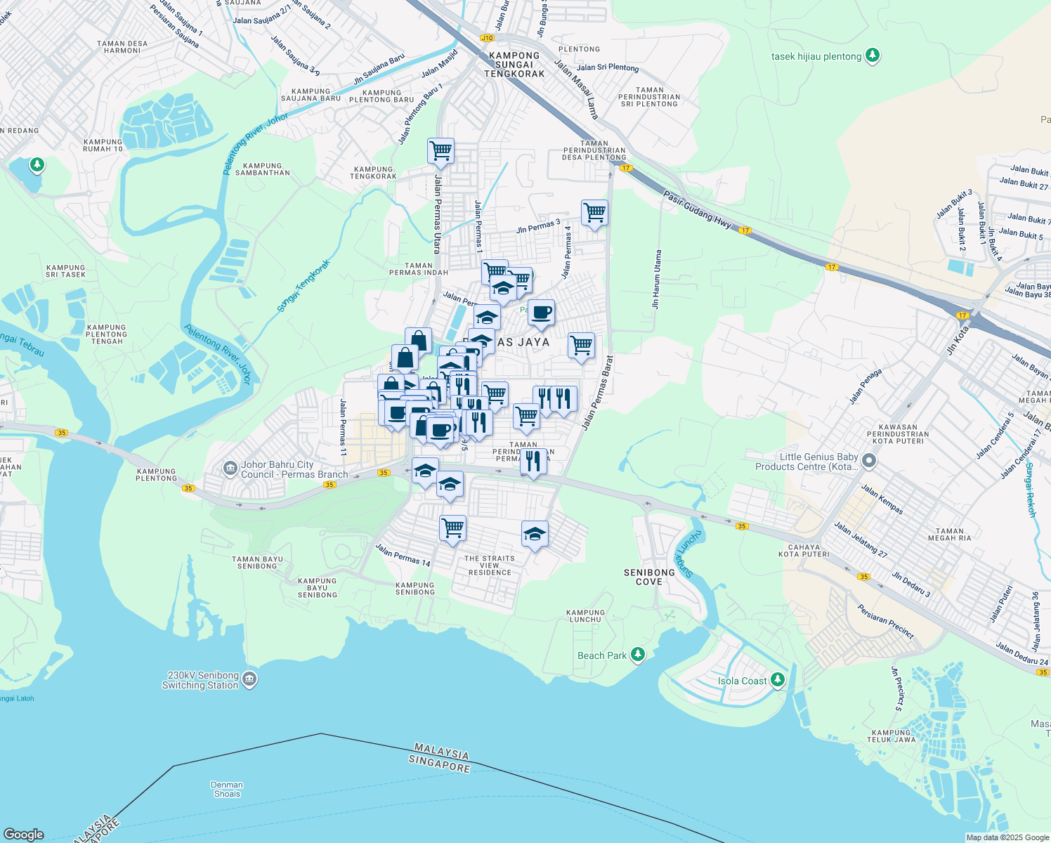 map of restaurants, bars, coffee shops, grocery stores, and more near Jalan Permas 9/7 in Masai