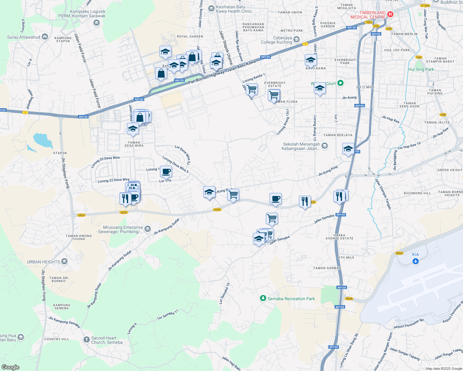map of restaurants, bars, coffee shops, grocery stores, and more near 6 Jalan Kung Phin Height in Kuching