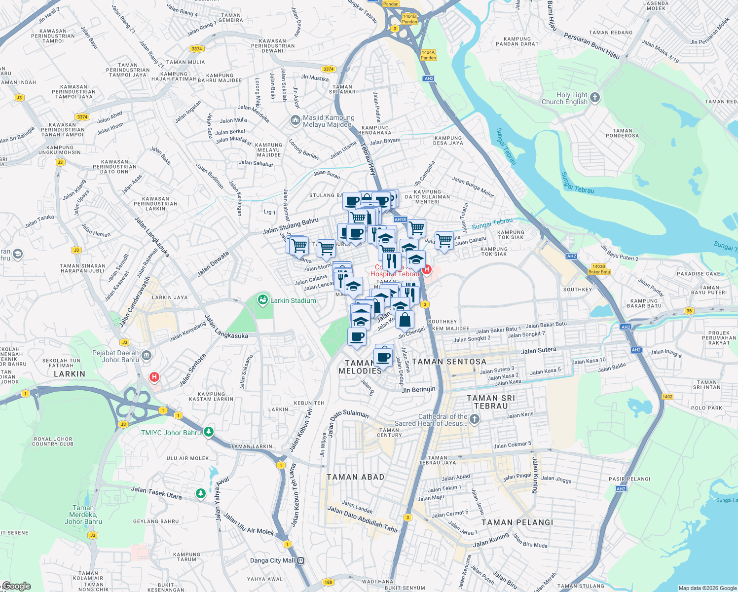 map of restaurants, bars, coffee shops, grocery stores, and more near Jalan Resak in Johor Bahru