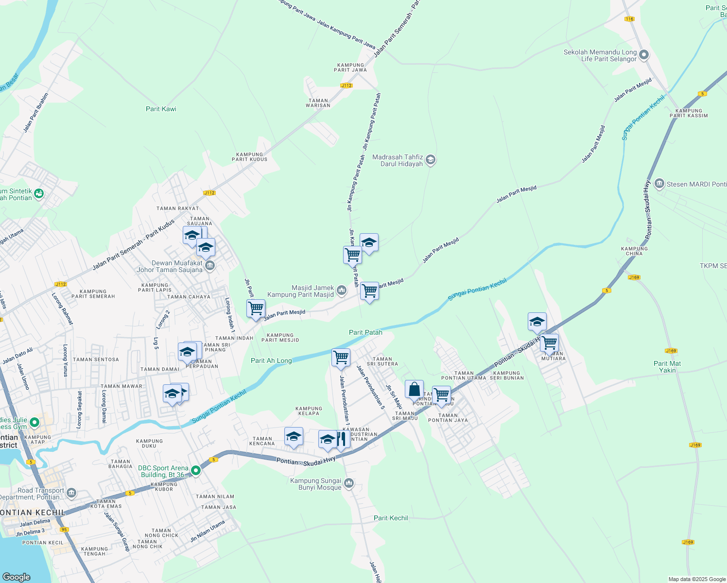 map of restaurants, bars, coffee shops, grocery stores, and more near Jalan Parit Mesjid in Pontian District