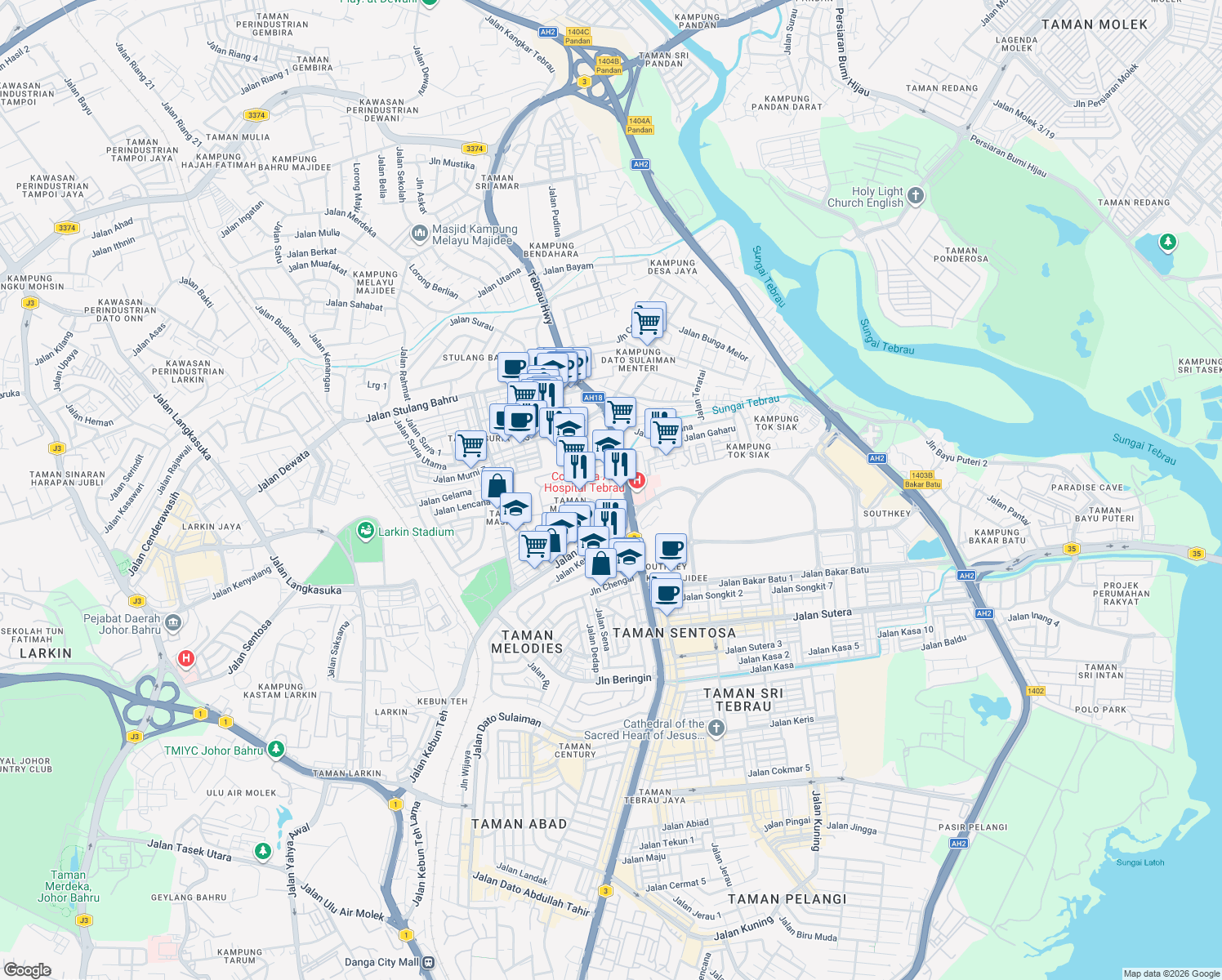 map of restaurants, bars, coffee shops, grocery stores, and more near Jalan Giam in Johor Bahru