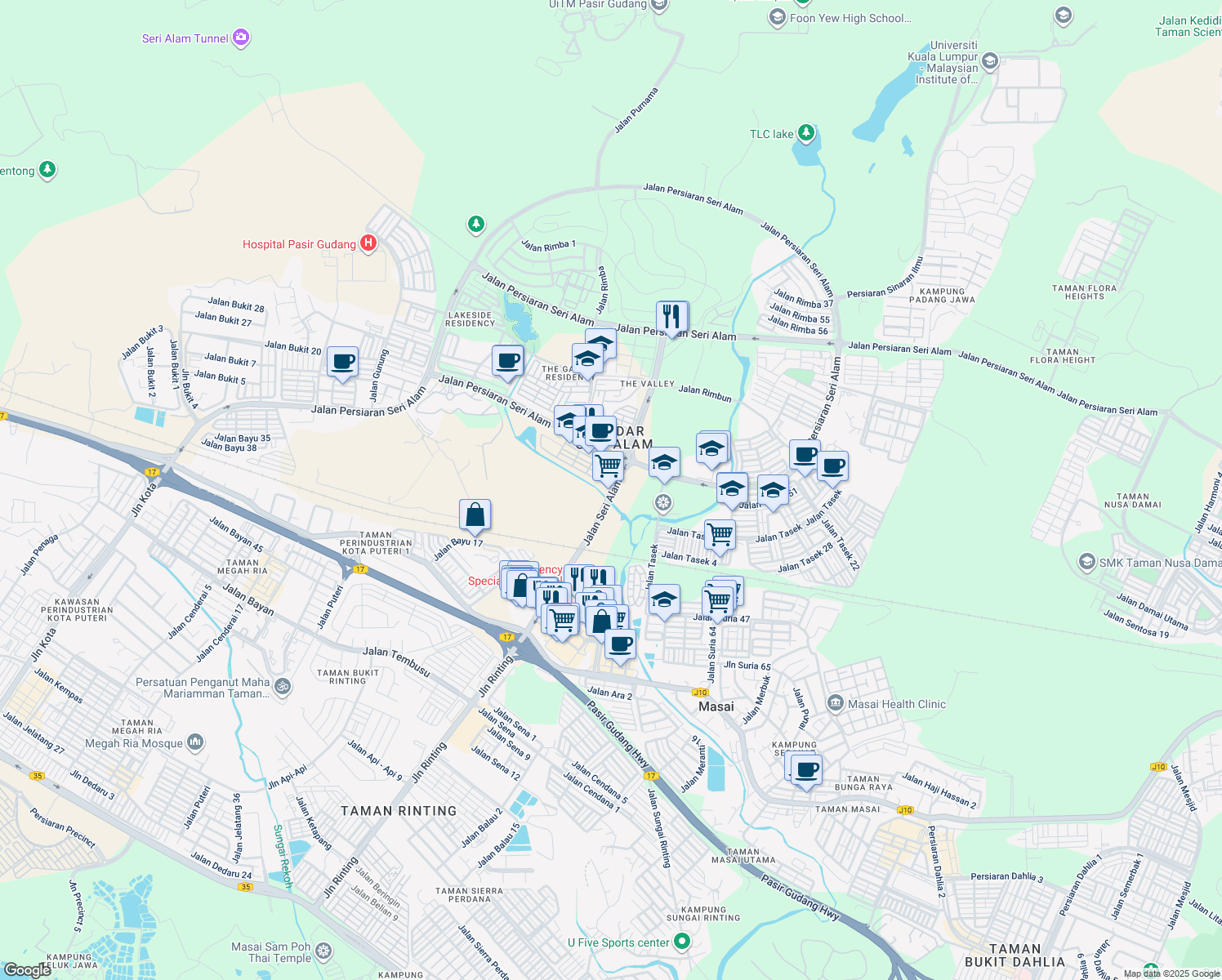 map of restaurants, bars, coffee shops, grocery stores, and more near Jalan Seri Alam in Masai