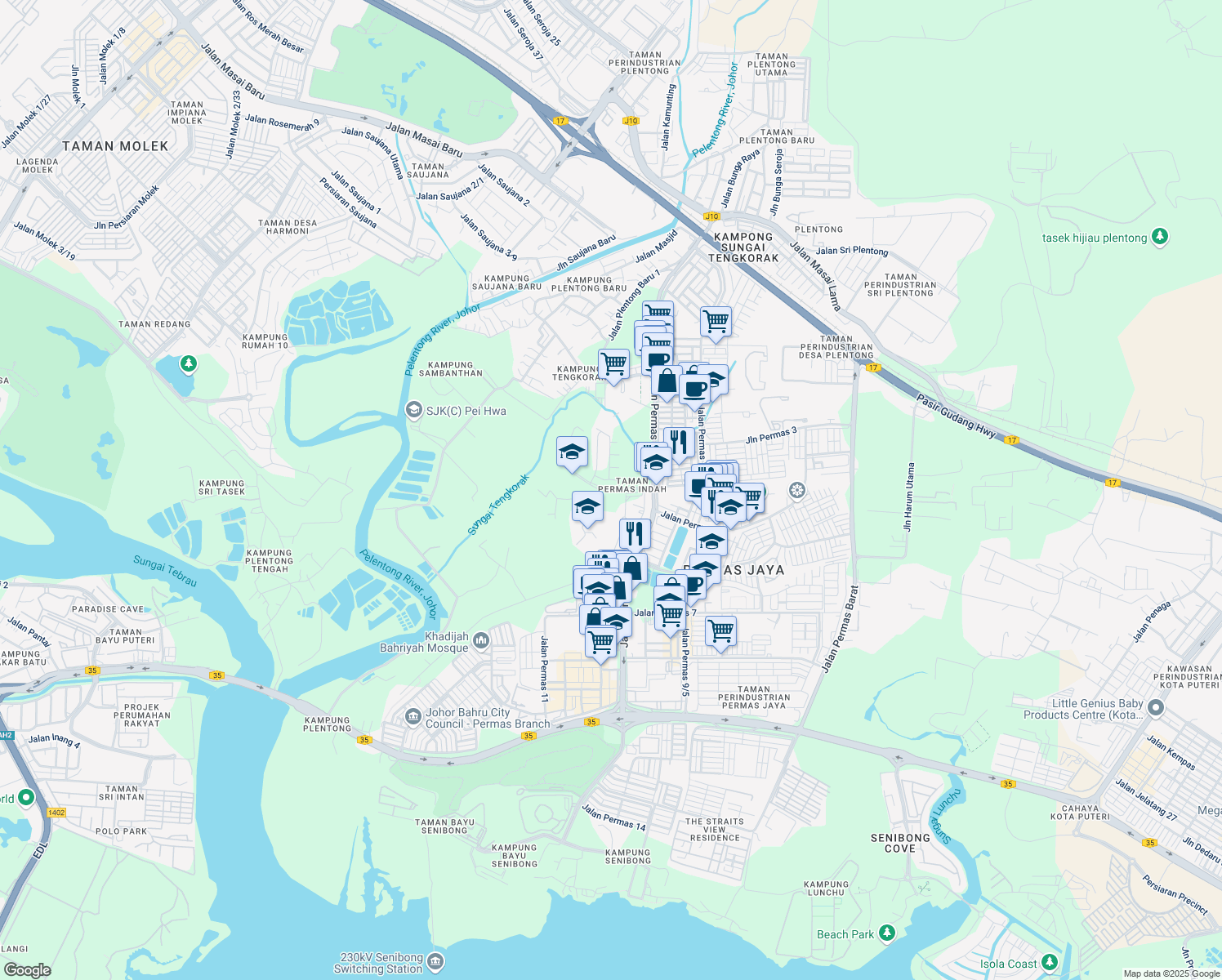 map of restaurants, bars, coffee shops, grocery stores, and more near Persiaran Plentong Baru in Masai