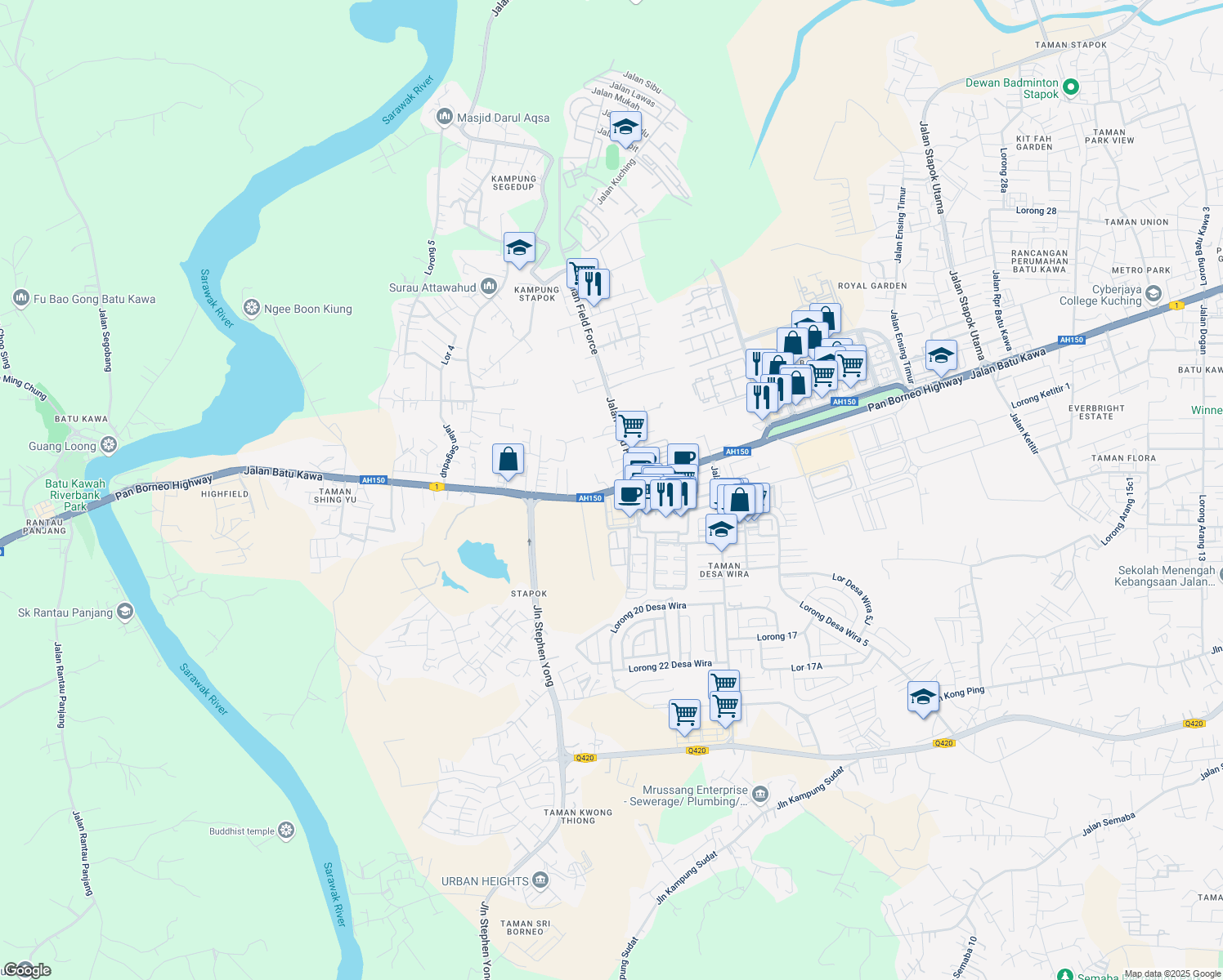map of restaurants, bars, coffee shops, grocery stores, and more near Jalan Batu Kawa in Kuching