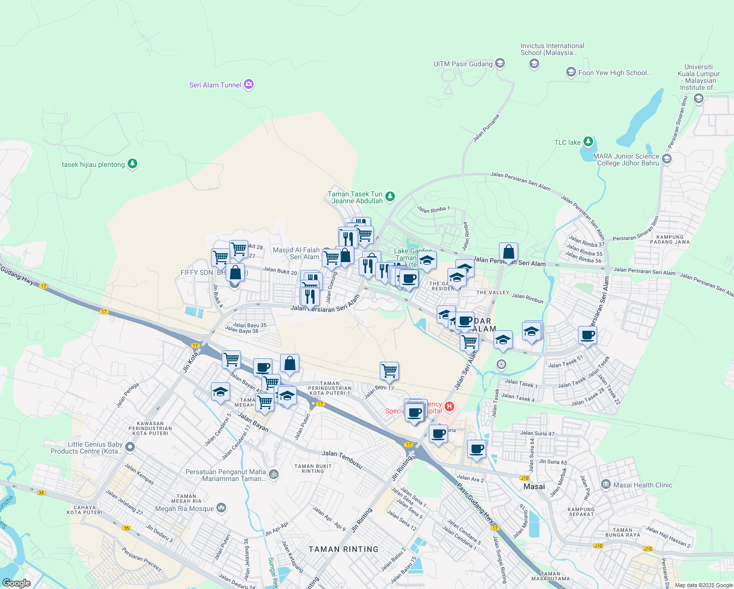 map of restaurants, bars, coffee shops, grocery stores, and more near Persiaran Seri Alam in Masai