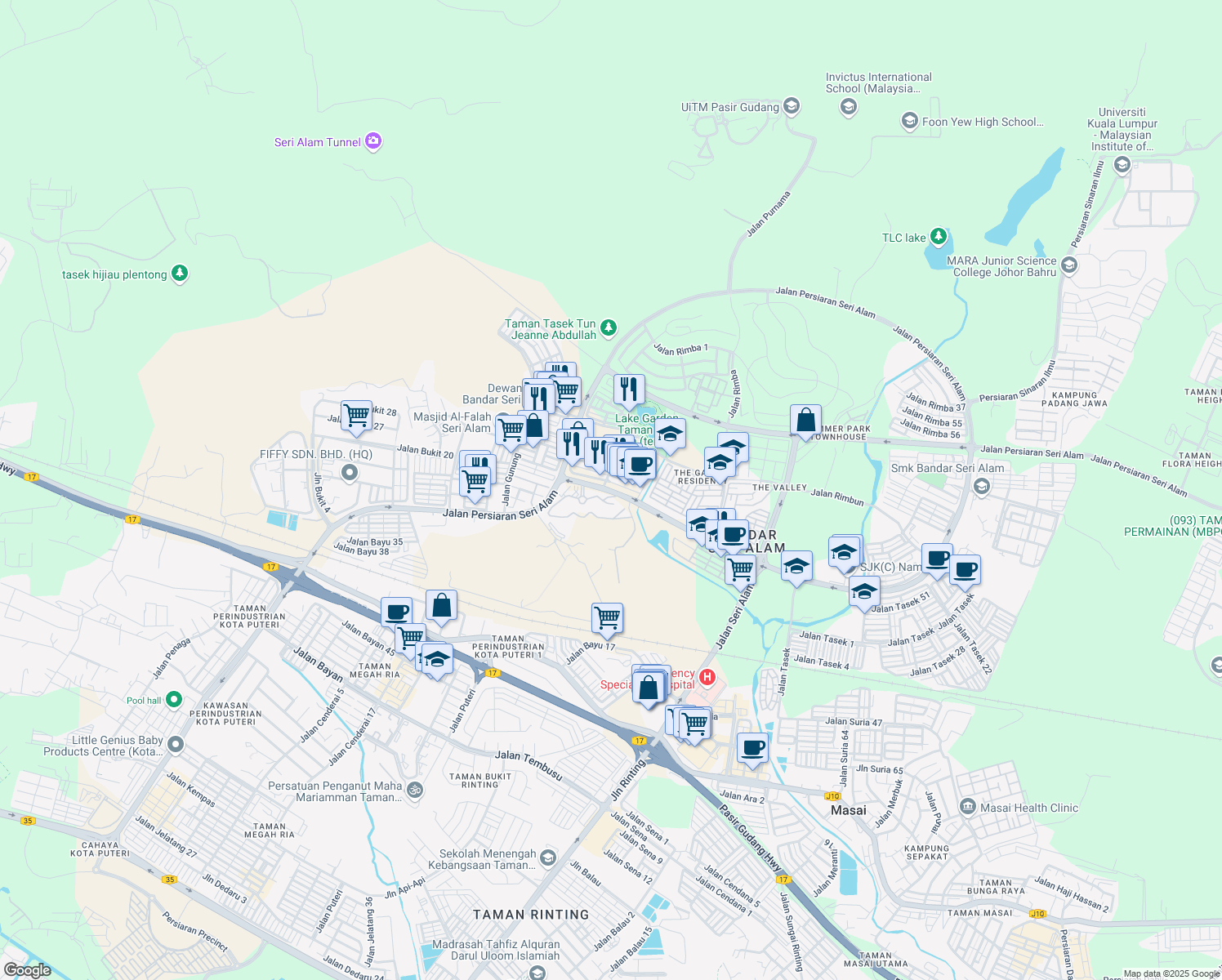 map of restaurants, bars, coffee shops, grocery stores, and more near Persiaran Seri Alam in Masai