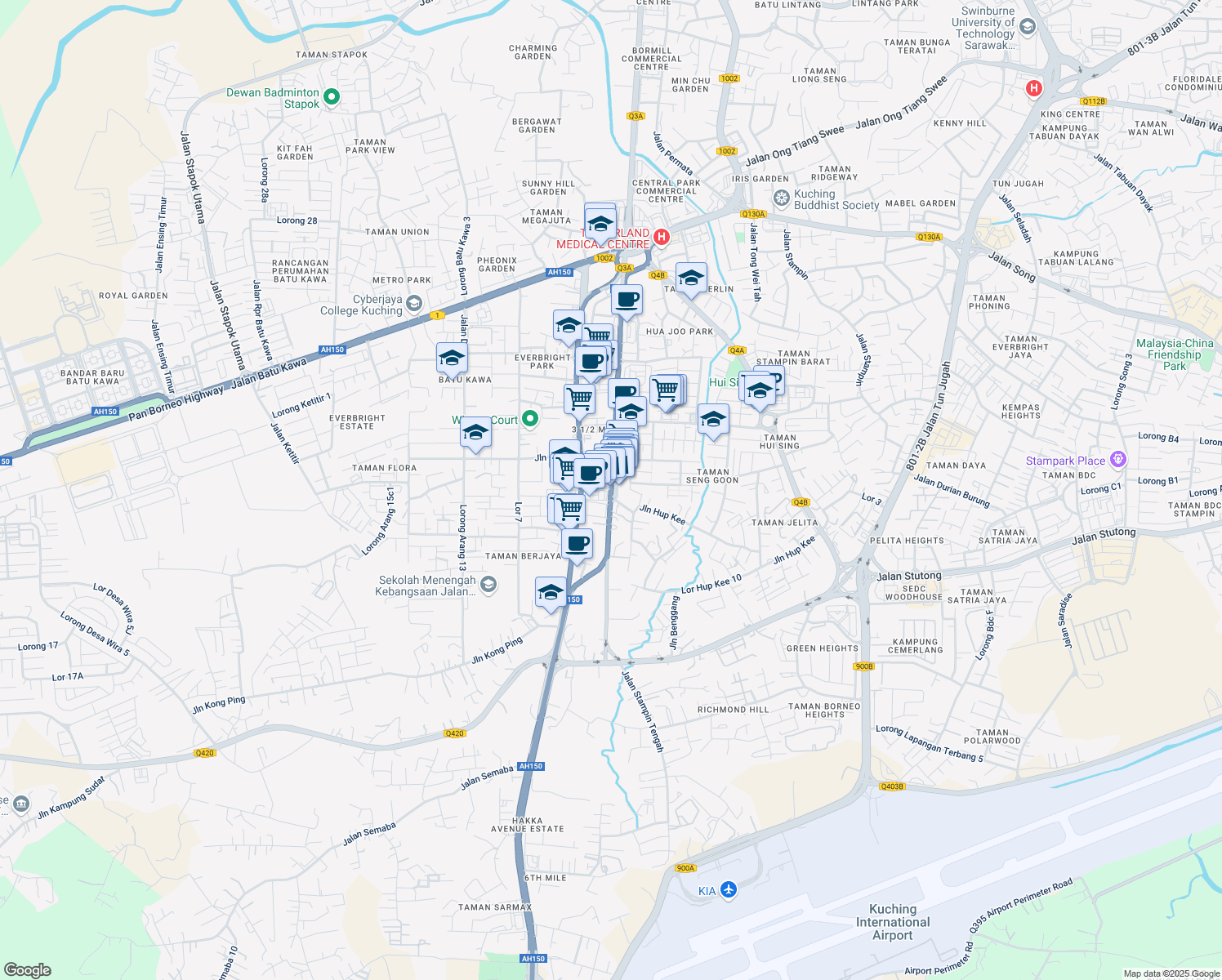 map of restaurants, bars, coffee shops, grocery stores, and more near Jalan Datuk Tawi Sli in Kuching