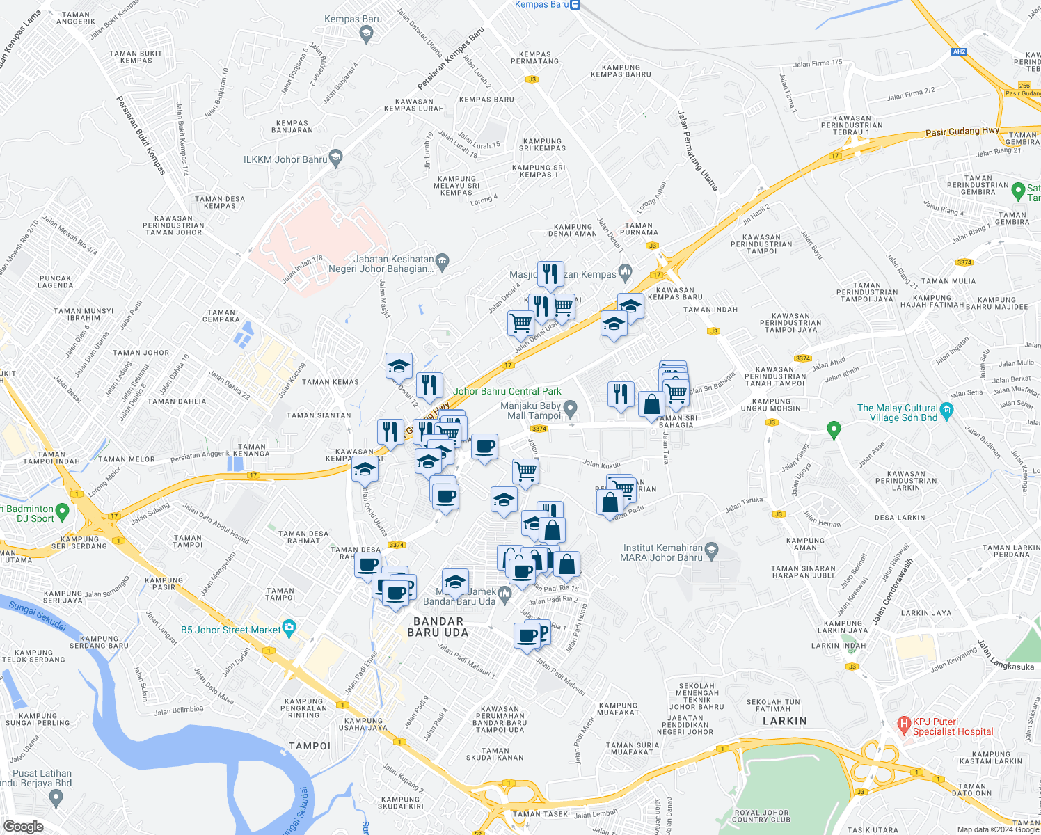 map of restaurants, bars, coffee shops, grocery stores, and more near 4 Jalan Bukit Aliff Utama in Johor Bahru