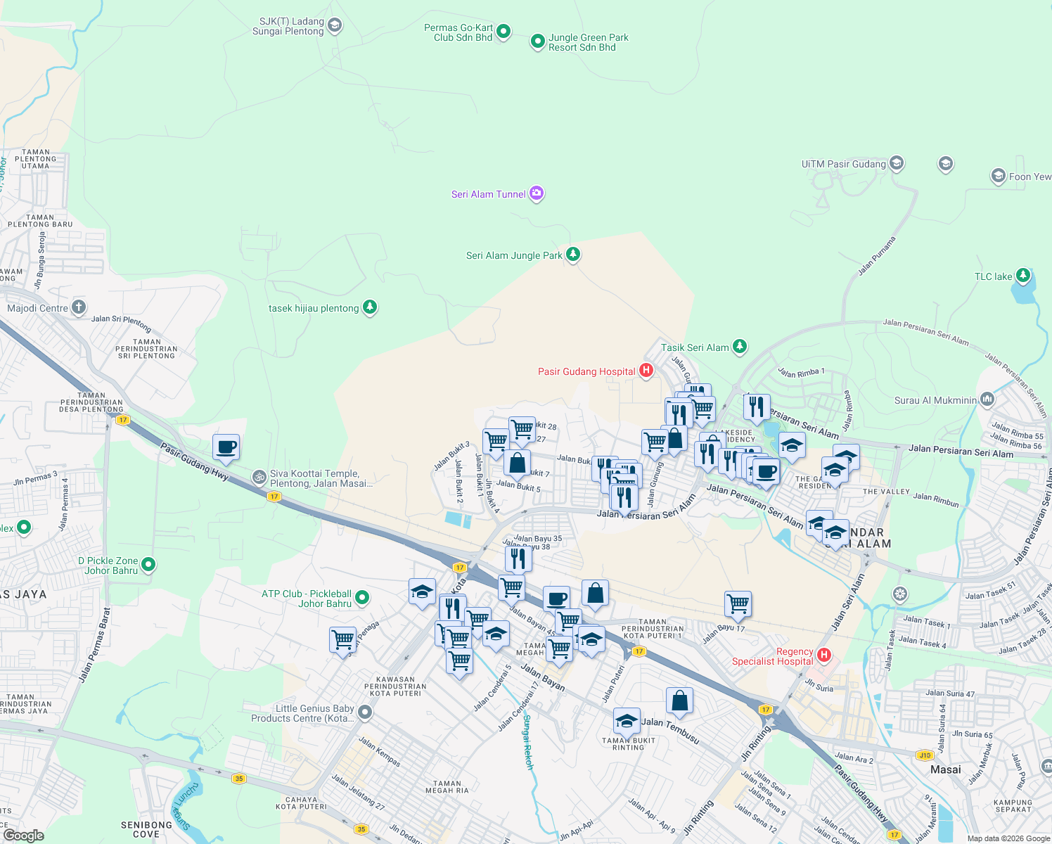 map of restaurants, bars, coffee shops, grocery stores, and more near Jalan Bukit 11 in Masai