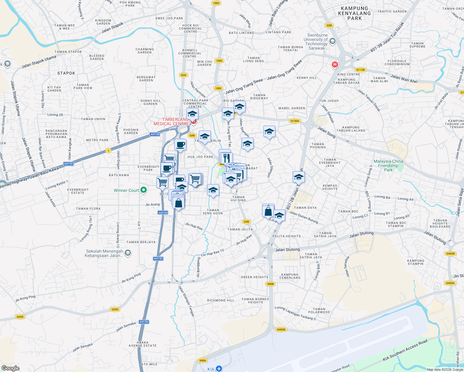 map of restaurants, bars, coffee shops, grocery stores, and more near Jalan Sherip Masahor in Kuching