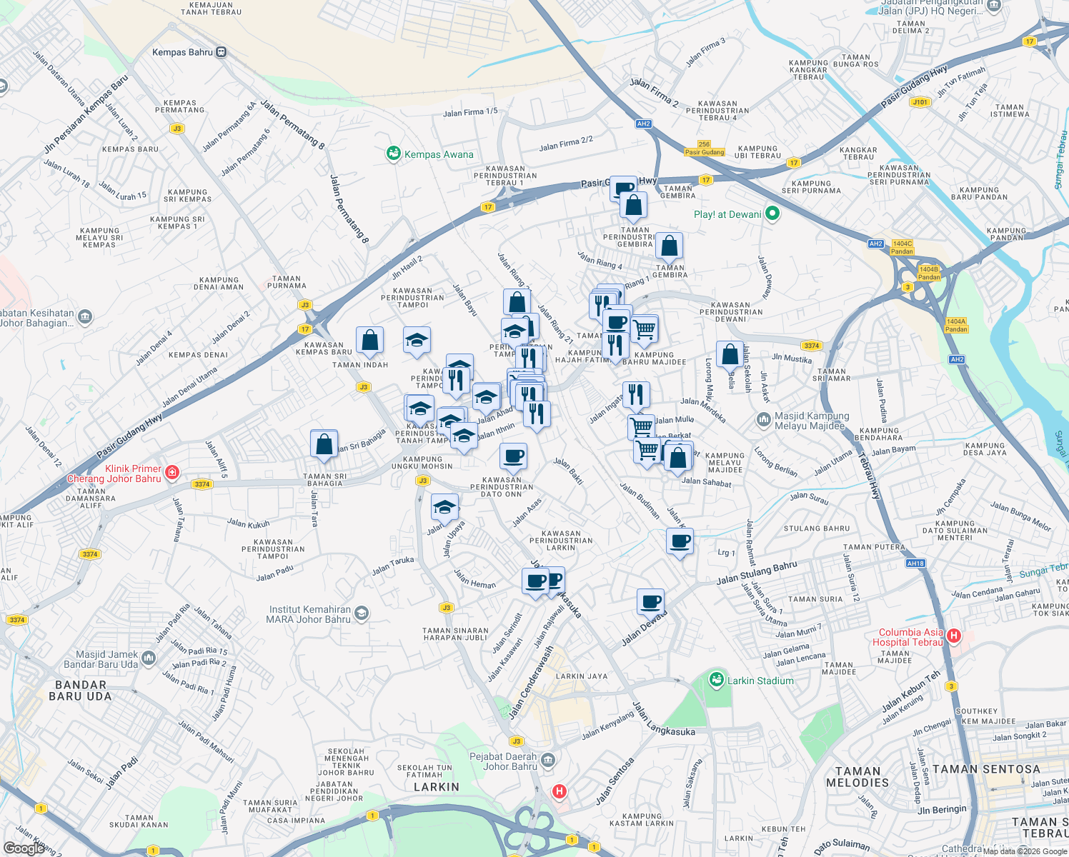 map of restaurants, bars, coffee shops, grocery stores, and more near Jalan Ungku Mohsin in Johor Bahru