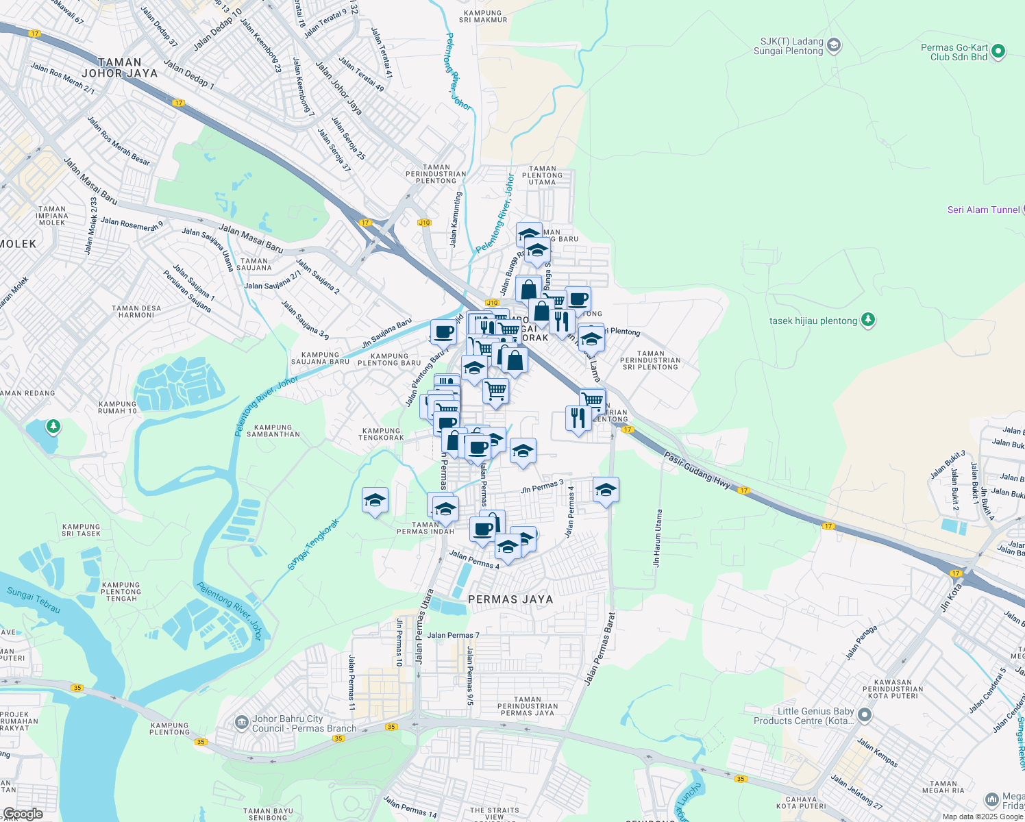 map of restaurants, bars, coffee shops, grocery stores, and more near Jalan Permas 2 in Masai