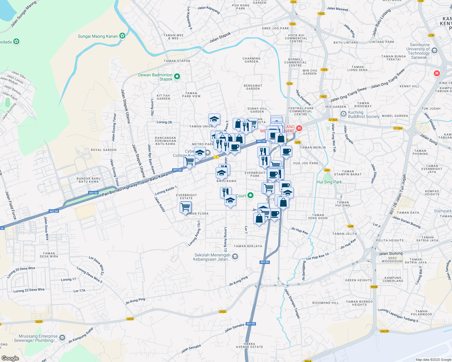map of restaurants, bars, coffee shops, grocery stores, and more near Jalan Dogan in Kuching