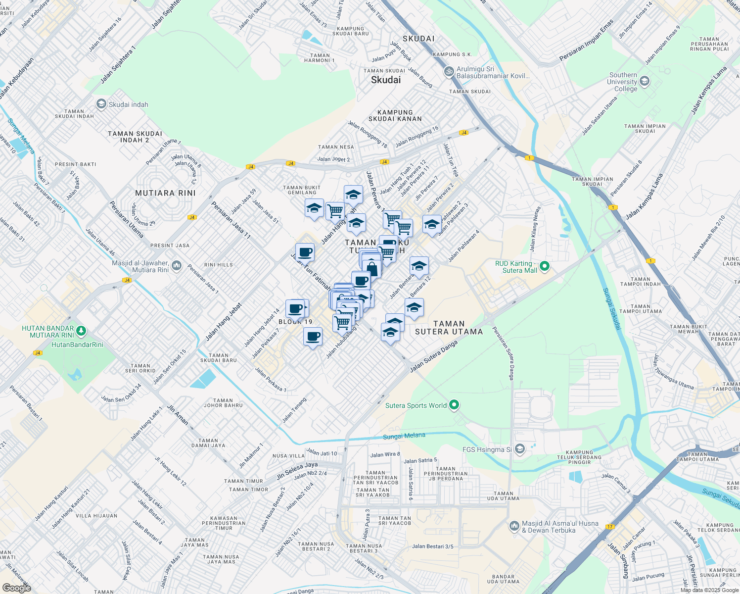map of restaurants, bars, coffee shops, grocery stores, and more near Jalan Bentara 19 in Skudai