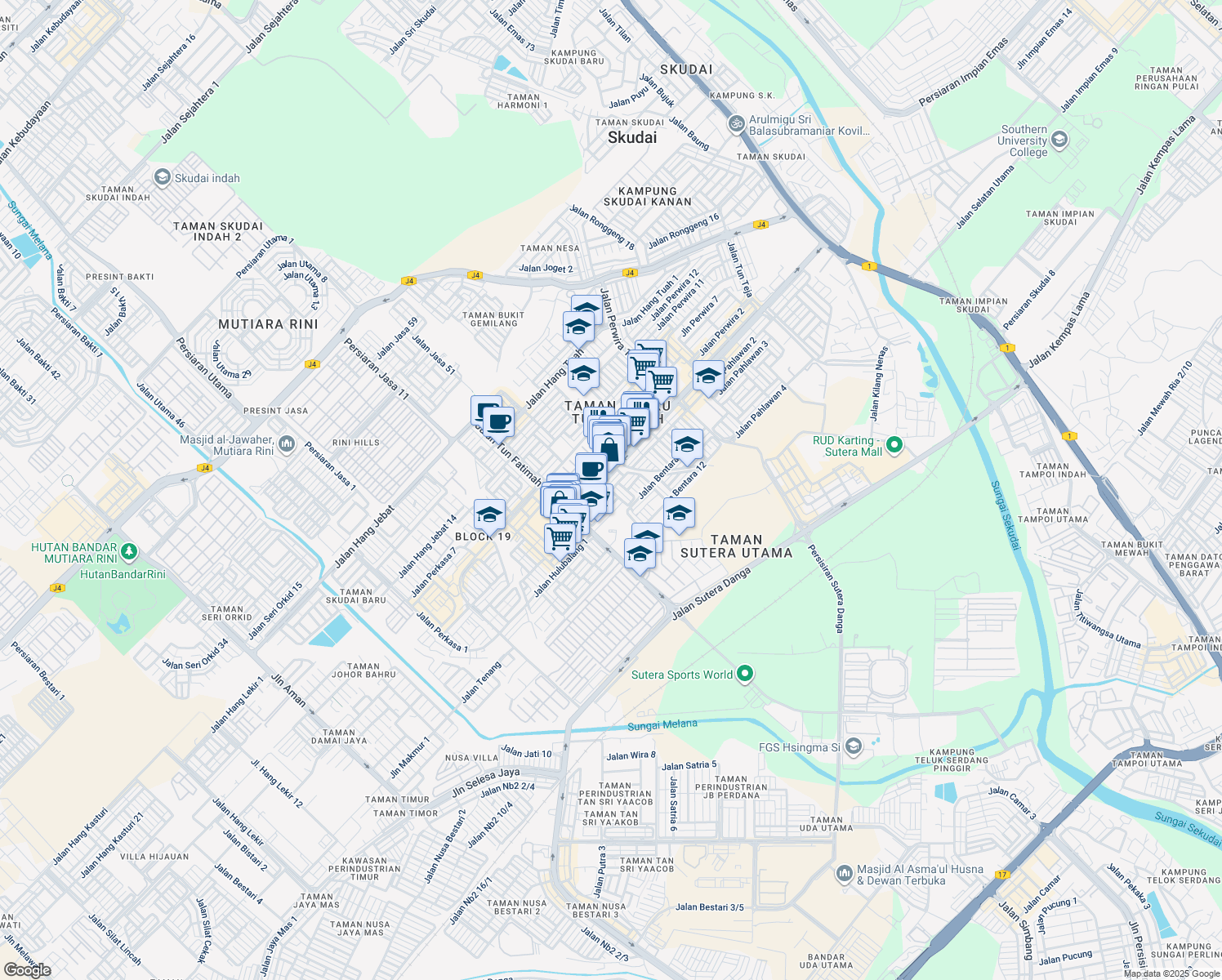 map of restaurants, bars, coffee shops, grocery stores, and more near Jalan Bentara 19 in Skudai