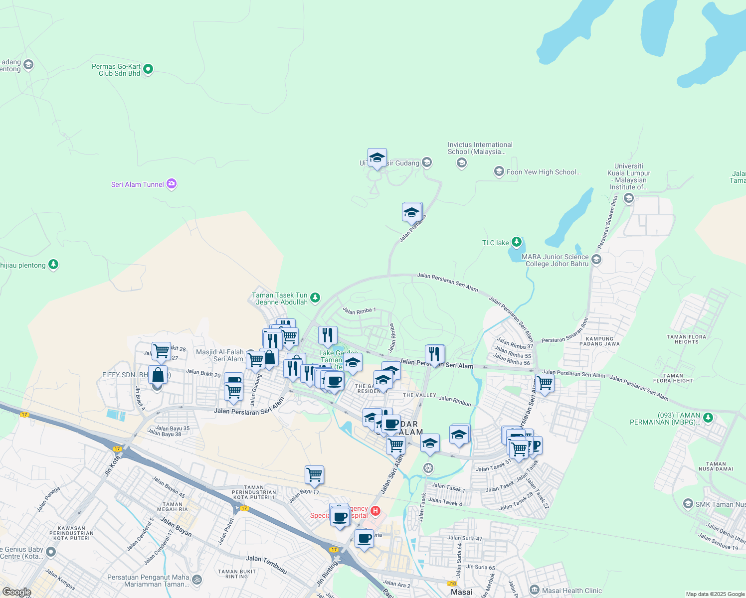 map of restaurants, bars, coffee shops, grocery stores, and more near Jalan Rimba 13 in Masai