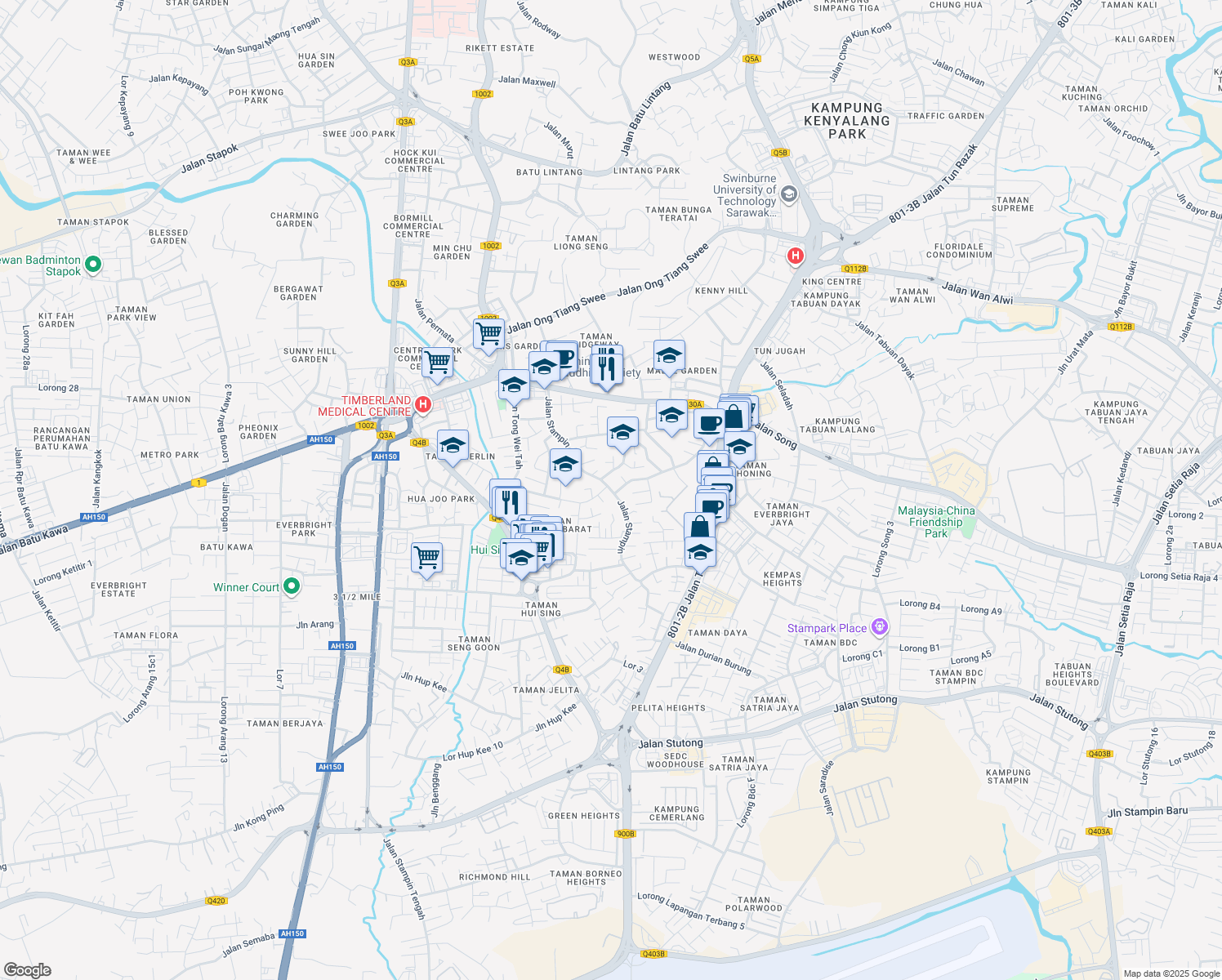 map of restaurants, bars, coffee shops, grocery stores, and more near Jalan Stampin in Kuching