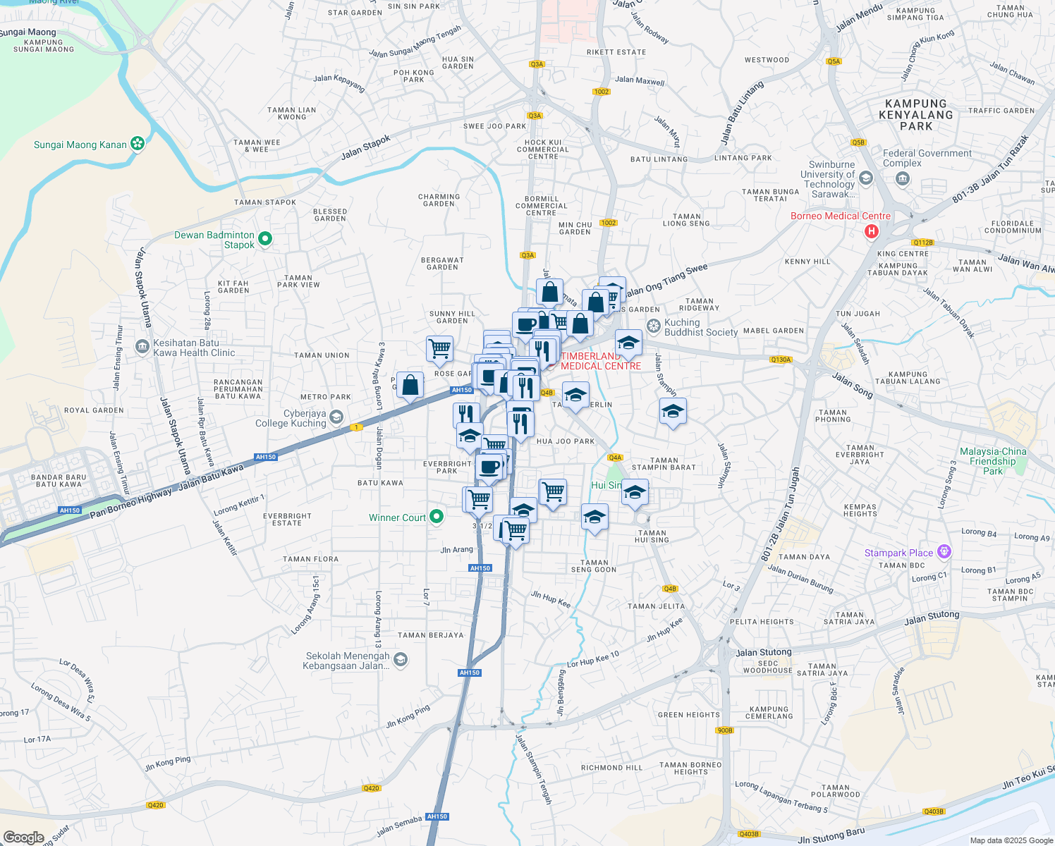 map of restaurants, bars, coffee shops, grocery stores, and more near 3 Lorong Hua Joo Park 4a in Kuching