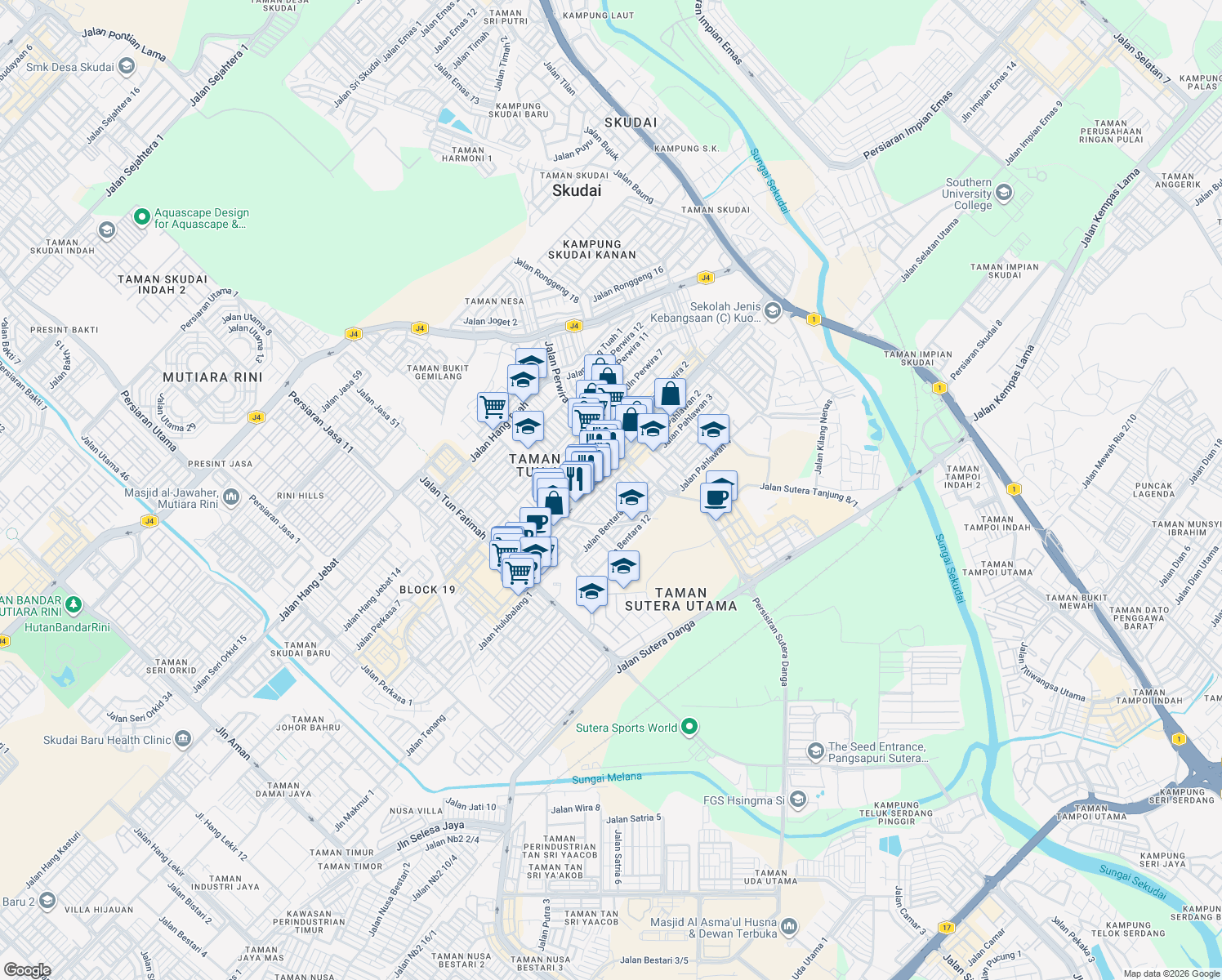 map of restaurants, bars, coffee shops, grocery stores, and more near 2 Jalan Bentara 6 in Skudai