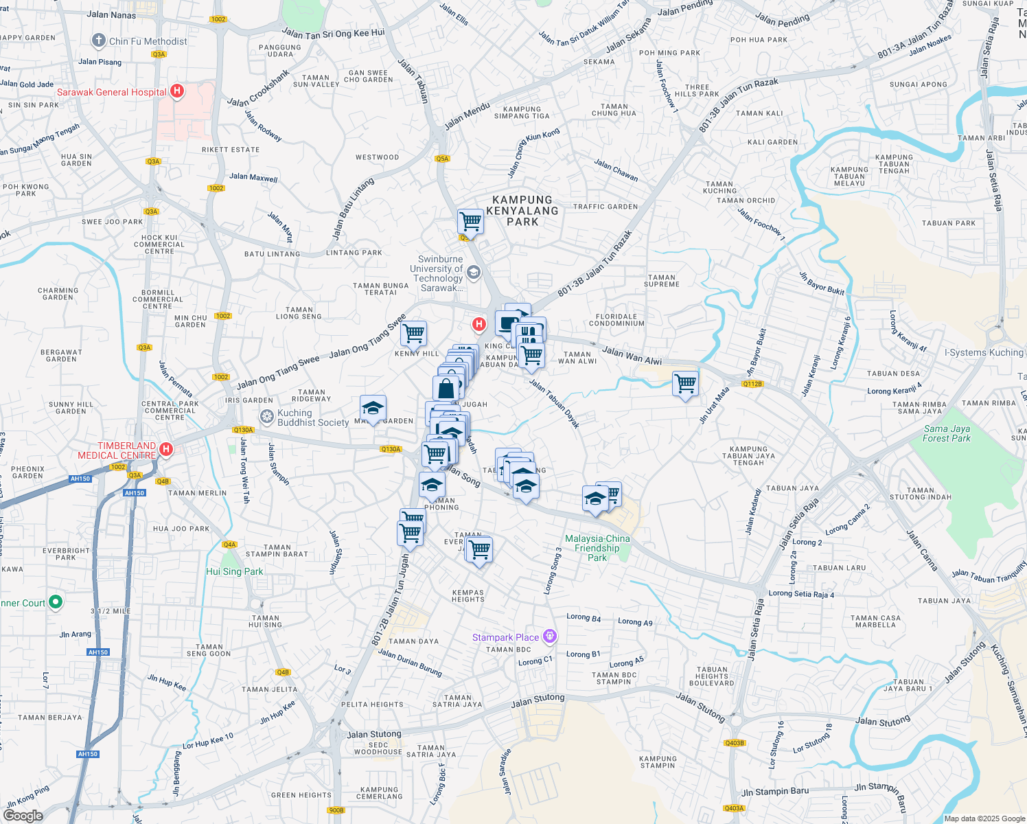 map of restaurants, bars, coffee shops, grocery stores, and more near Lorong Tabuan Dayak 10 in Kuching