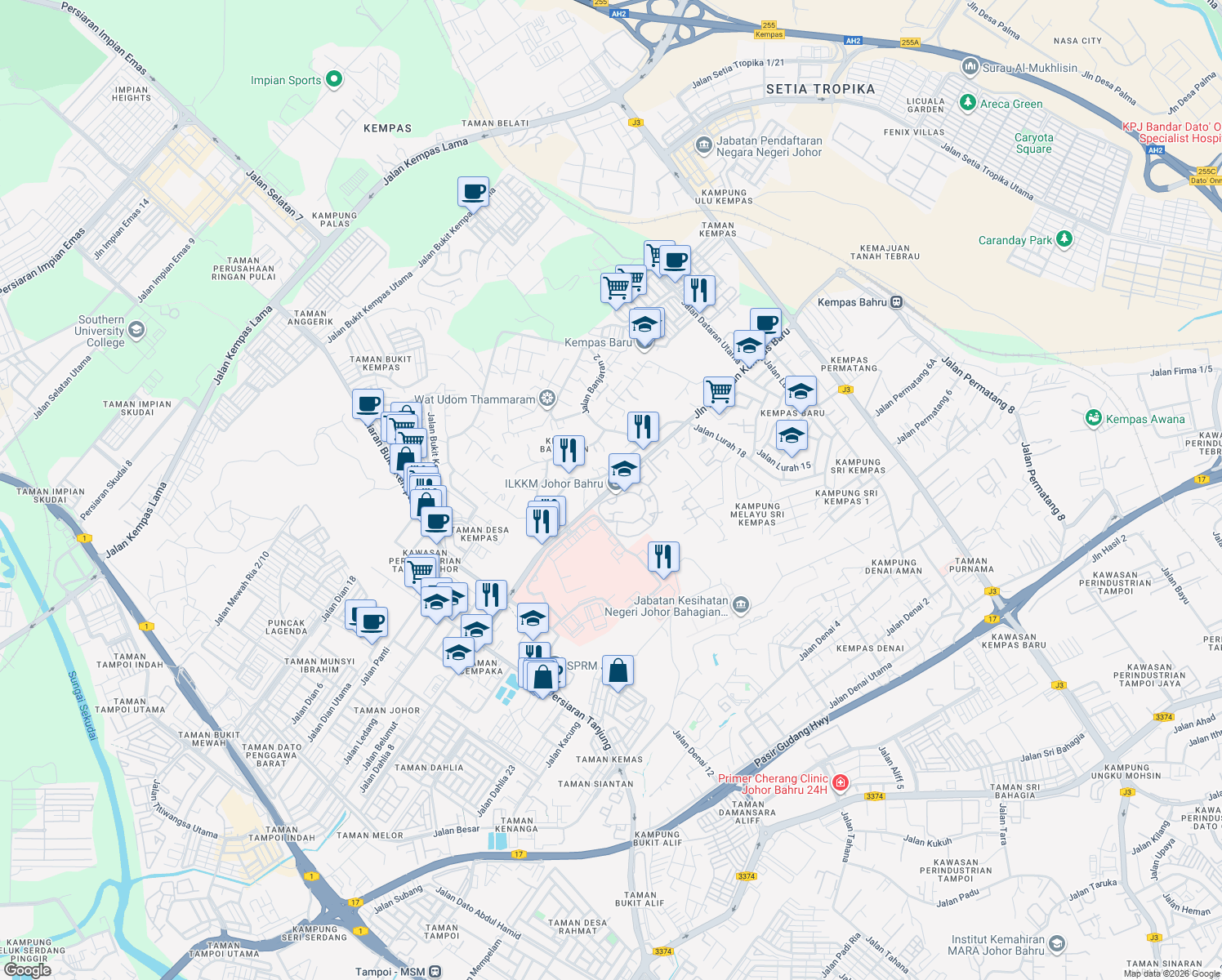 map of restaurants, bars, coffee shops, grocery stores, and more near Persiaran Kempas Baru in Johor Bahru