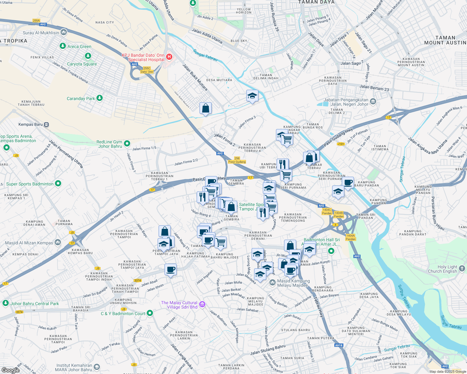 map of restaurants, bars, coffee shops, grocery stores, and more near Jalan Riang 21 in Johor Bahru