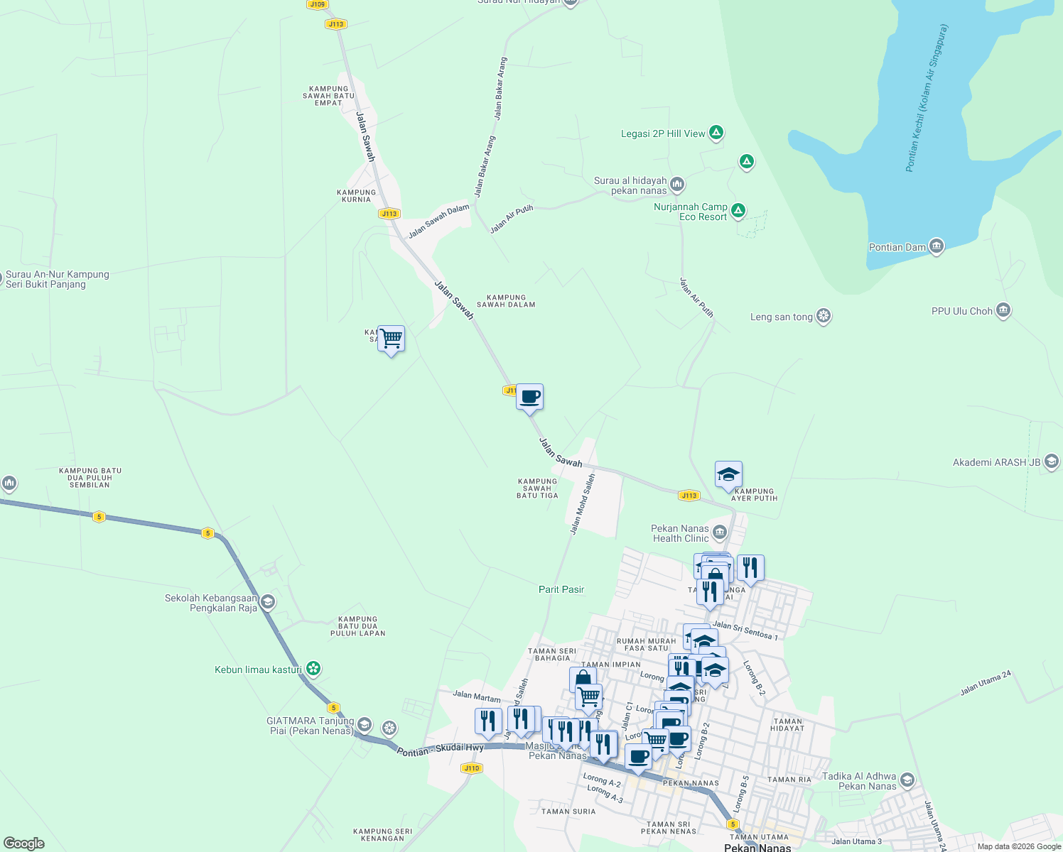 map of restaurants, bars, coffee shops, grocery stores, and more near Jalan Sawah in Pekan Nanas