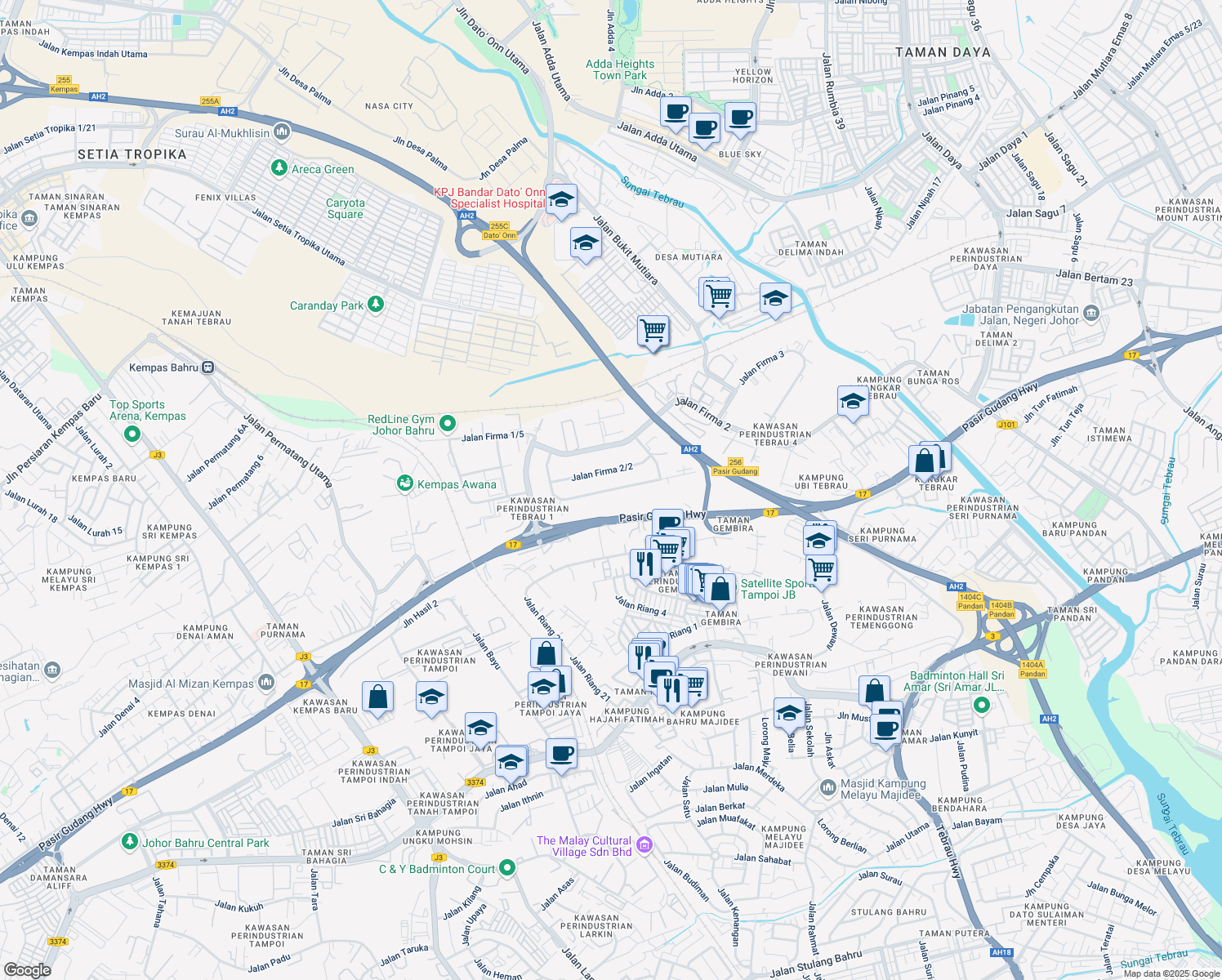 map of restaurants, bars, coffee shops, grocery stores, and more near Jalan Firma 2/1 in Johor Bahru