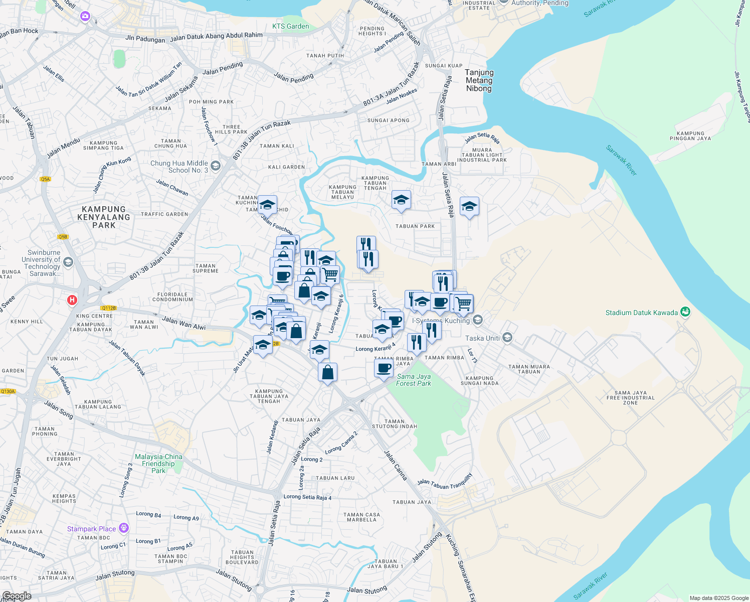 map of restaurants, bars, coffee shops, grocery stores, and more near Lorong Keranji 4f in Kuching