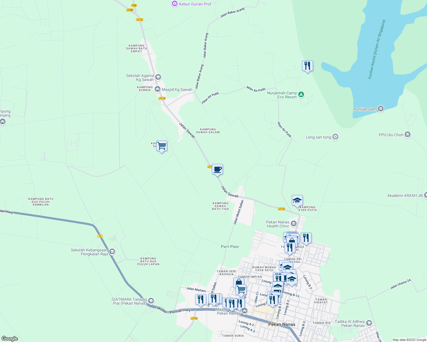 map of restaurants, bars, coffee shops, grocery stores, and more near Jalan Sawah in Pekan Nanas