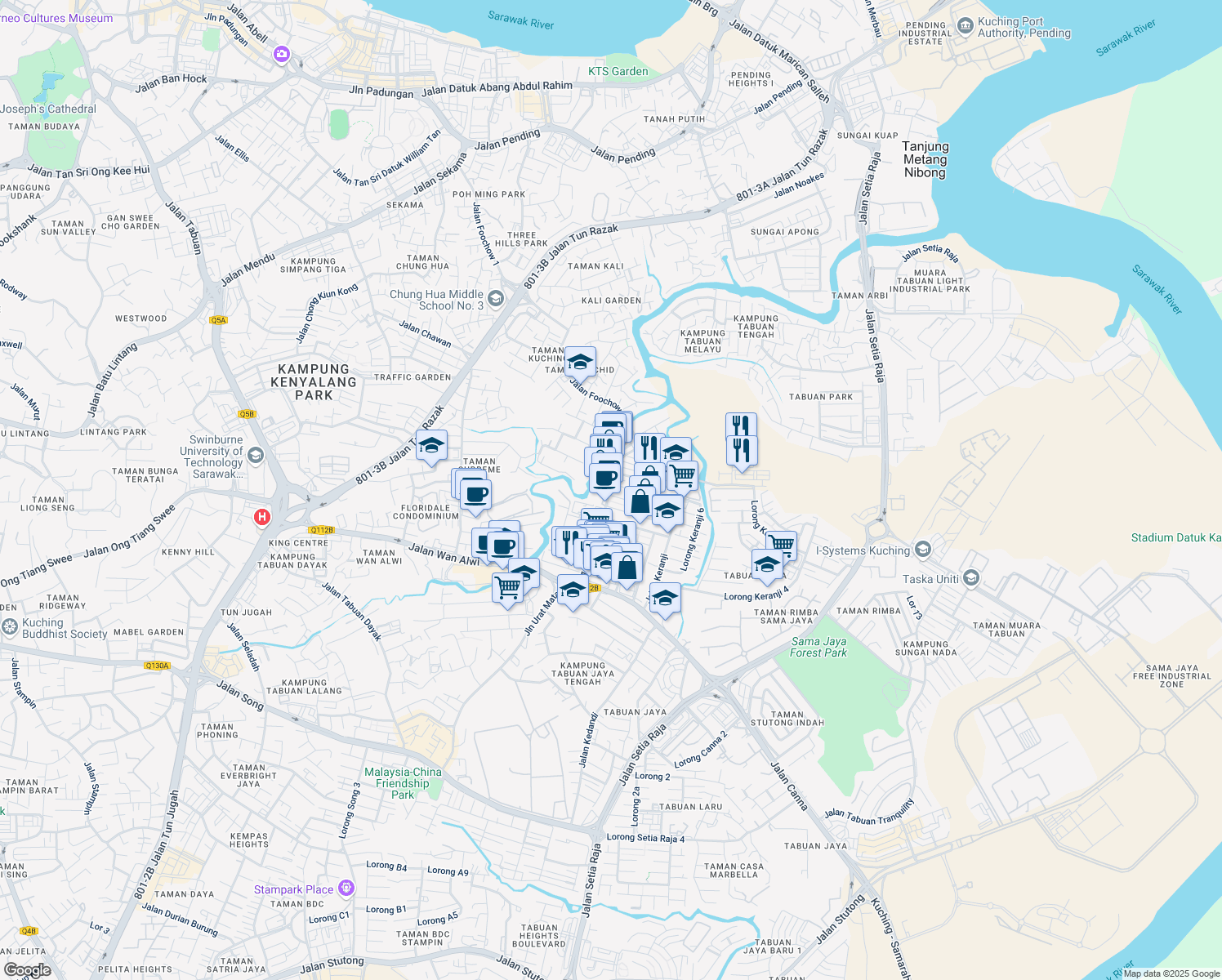 map of restaurants, bars, coffee shops, grocery stores, and more near Jalan Bayor Bukit in Kuching