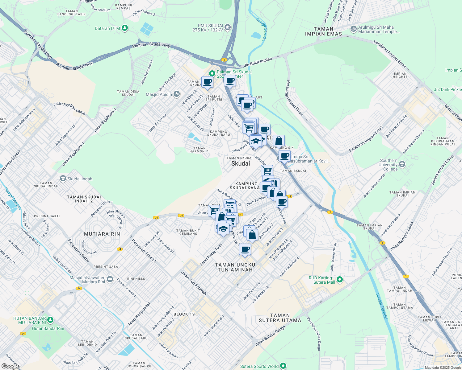 map of restaurants, bars, coffee shops, grocery stores, and more near Jalan Bukit Skudai 6 in Skudai