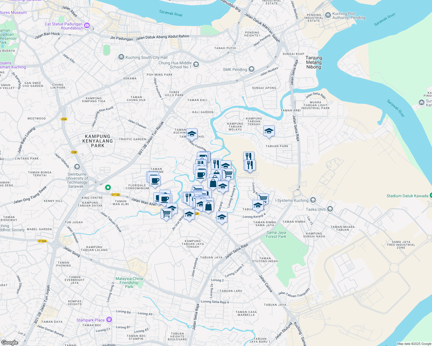 map of restaurants, bars, coffee shops, grocery stores, and more near 1372 Lorong Bayor Bukit 18 in Kuching