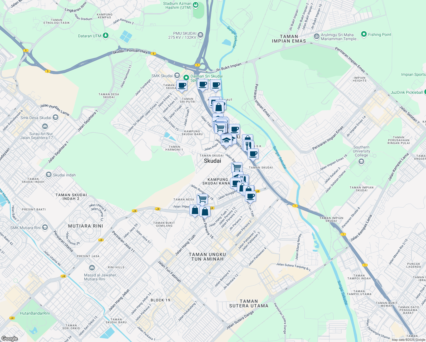 map of restaurants, bars, coffee shops, grocery stores, and more near Jalan Bukit Skudai 2 in Skudai