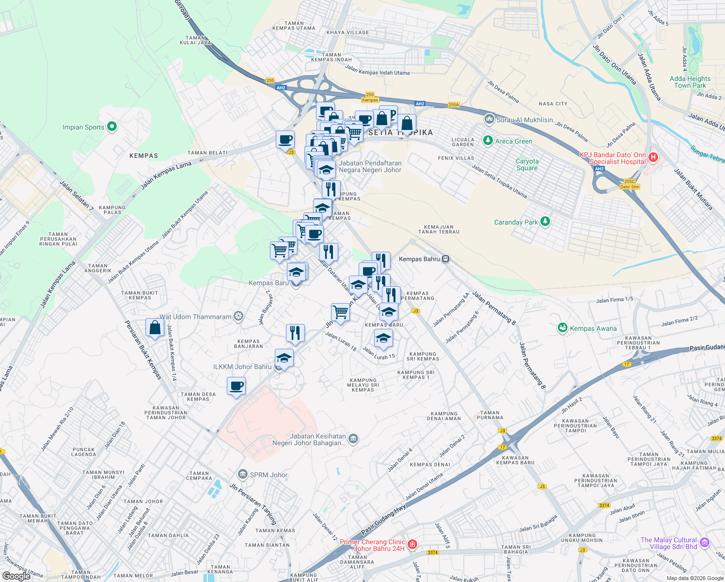 map of restaurants, bars, coffee shops, grocery stores, and more near Persiaran Kempas Baru in Johor Bahru