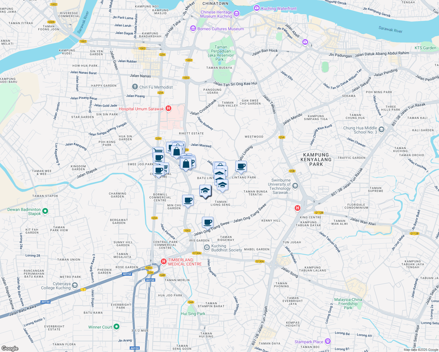 map of restaurants, bars, coffee shops, grocery stores, and more near 35 Jalan Batu Lintang in Kuching