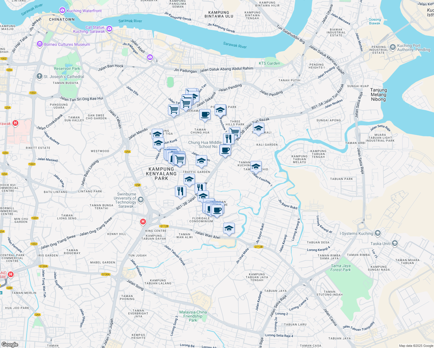 map of restaurants, bars, coffee shops, grocery stores, and more near 20 Jalan Chawan in Kuching