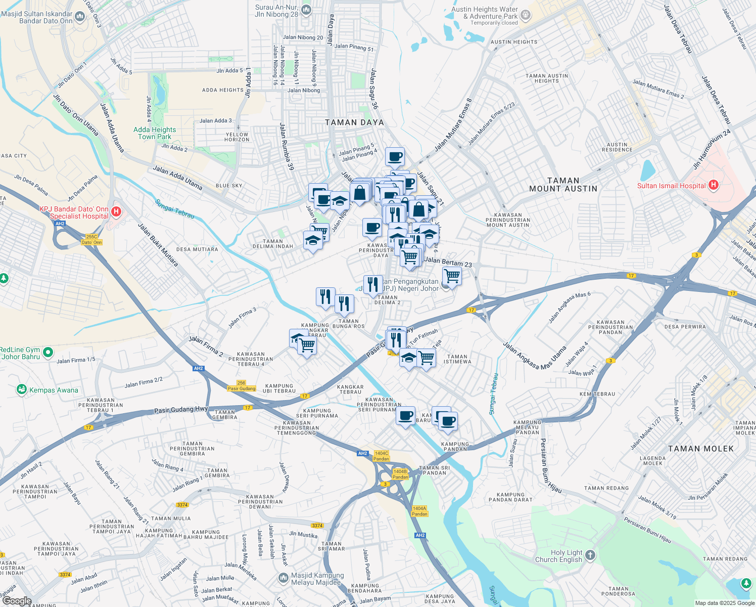 map of restaurants, bars, coffee shops, grocery stores, and more near Jalan Delima 3/1 in Johor Bahru