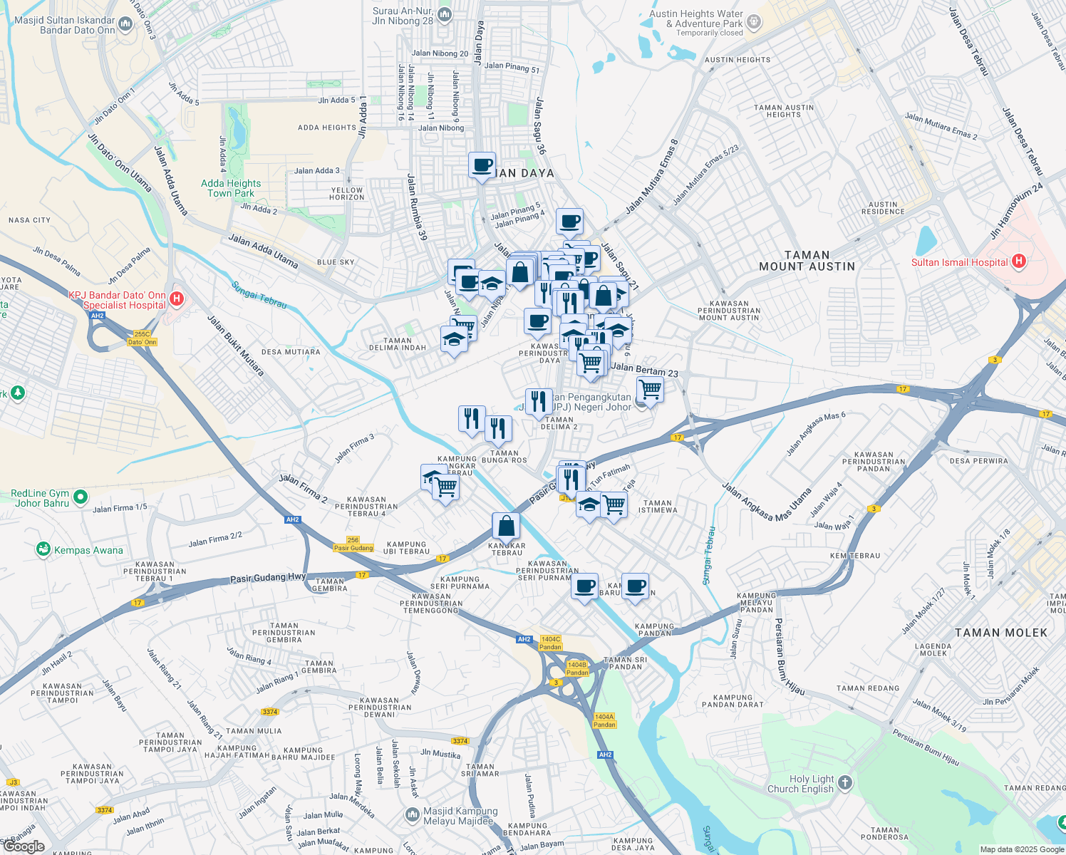 map of restaurants, bars, coffee shops, grocery stores, and more near Jalan Delima 3/1 in Johor Bahru