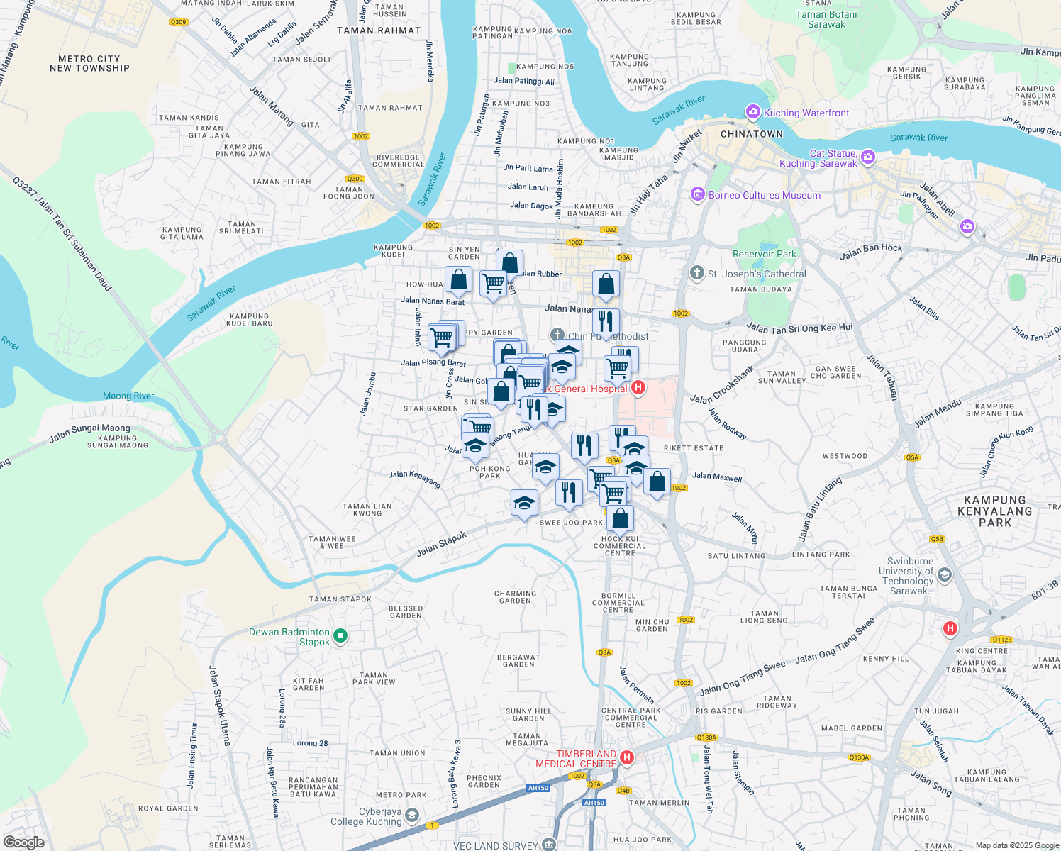 map of restaurants, bars, coffee shops, grocery stores, and more near 98 Jalan Sungai Maong Tengah in Kuching