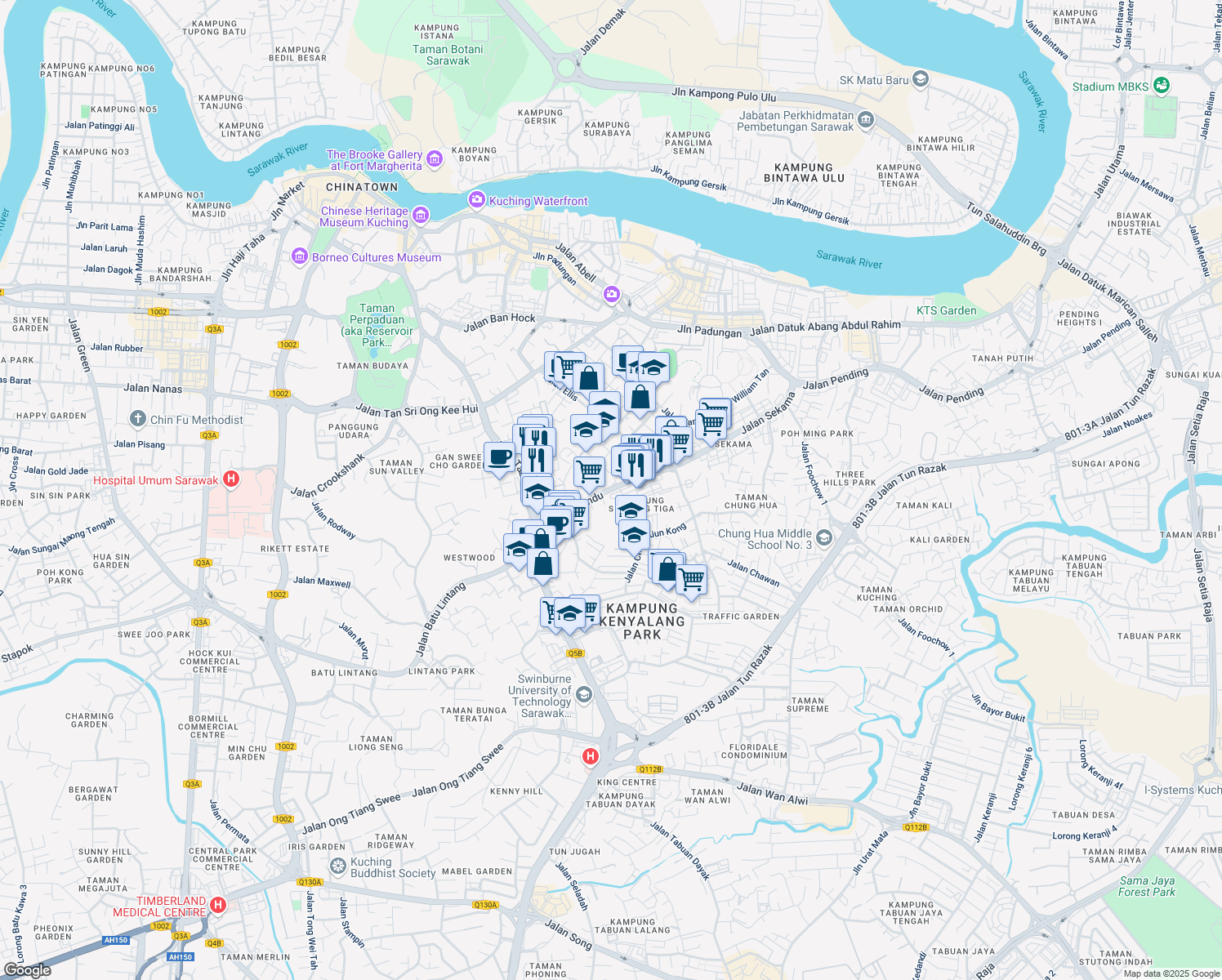 map of restaurants, bars, coffee shops, grocery stores, and more near Jalan Mendu in Kuching