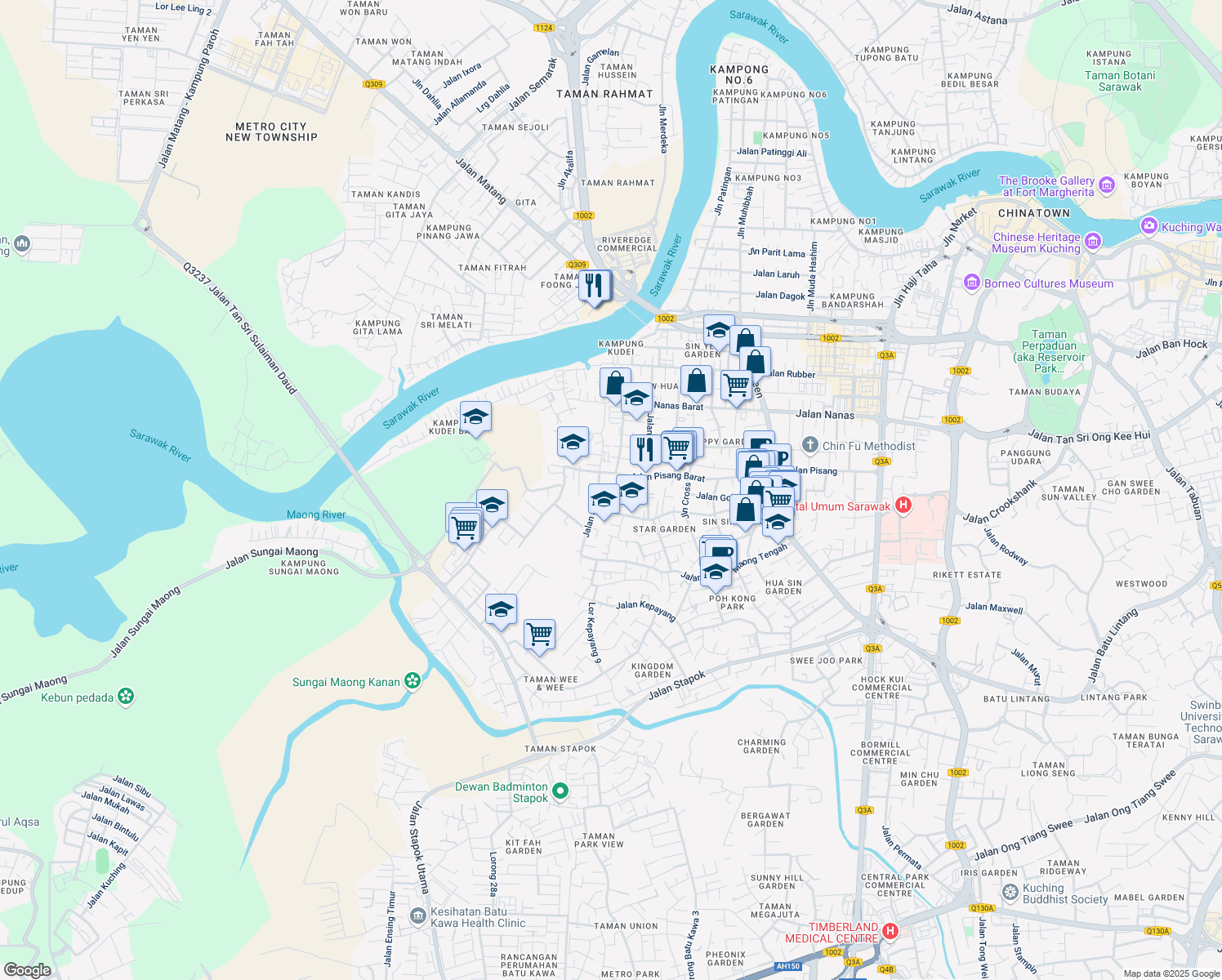 map of restaurants, bars, coffee shops, grocery stores, and more near 201 Lorong Pisang Barat 5 in Kuching